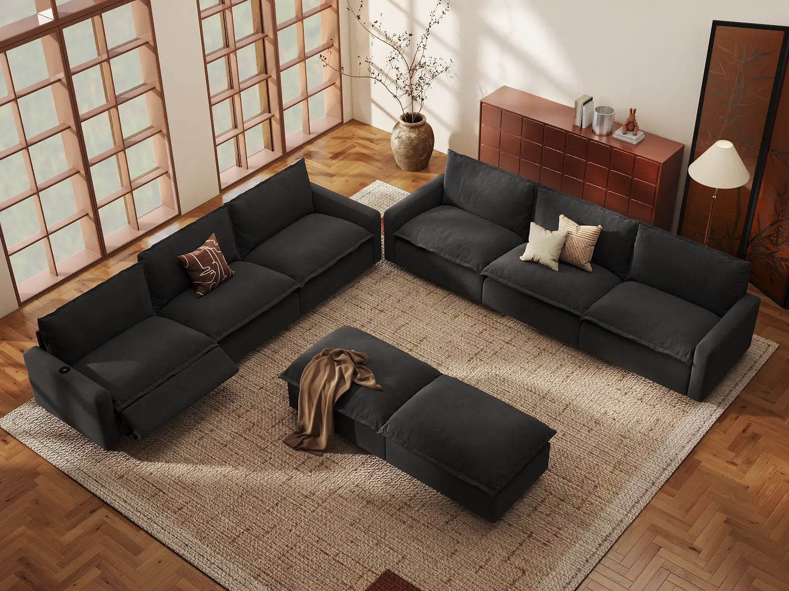 Modular Cero Reclining Sectionals | 8-Piece Grey Linen Open Plan Sofa Sets 6-Seater with 2-Ottomans