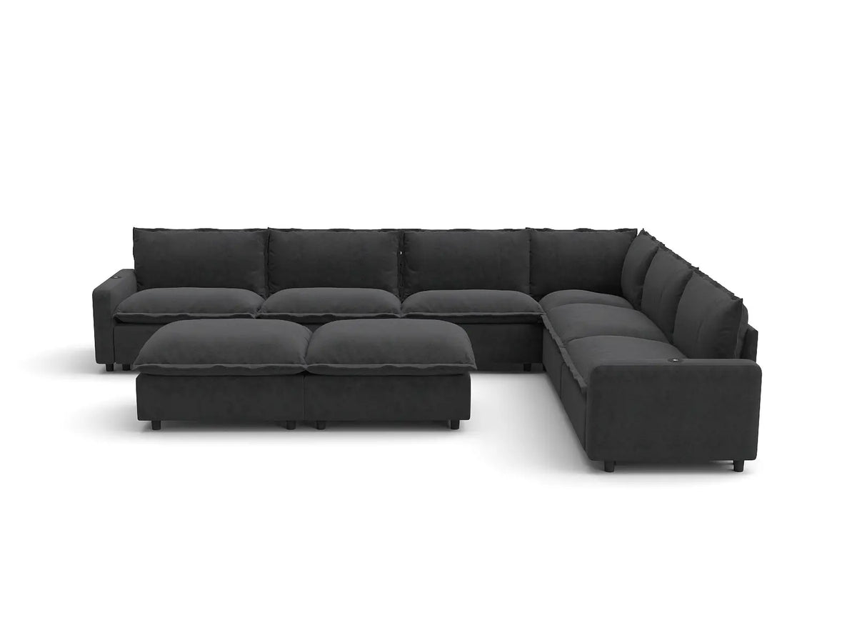 Modular Cero Reclining Sectionals | 8-Piece Grey Linen Open Plan Sofa Sets 6-Seater with 2-Ottomans