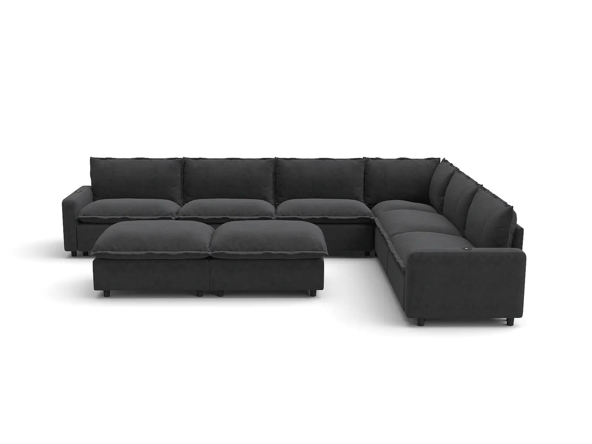 Modular Cero Reclining Sectionals | 8-Piece Grey Linen Open Plan Sofa Sets 6-Seater with 2-Ottomans