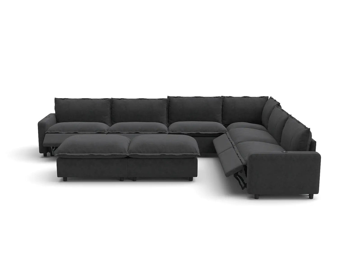 Modular Cero Reclining Sectionals | 8-Piece Grey Linen Open Plan Sofa Sets 6-Seater with 2-Ottomans