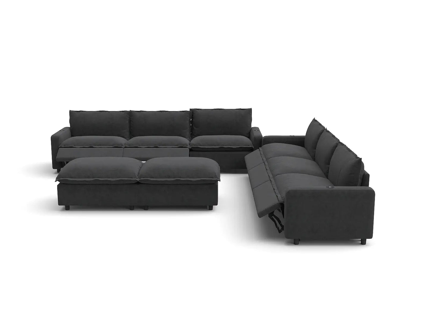 Modular Cero Reclining Sectionals | 8-Piece Grey Linen Open Plan Sofa Sets 6-Seater with 2-Ottomans