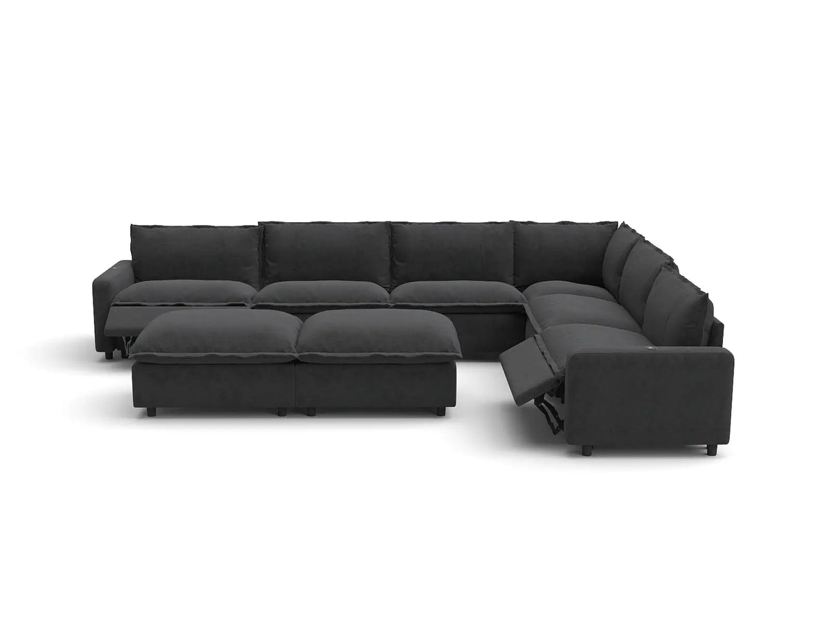 Modular Cero Reclining Sectionals | 8-Piece Grey Linen Open Plan Sofa Sets 6-Seater with 2-Ottomans