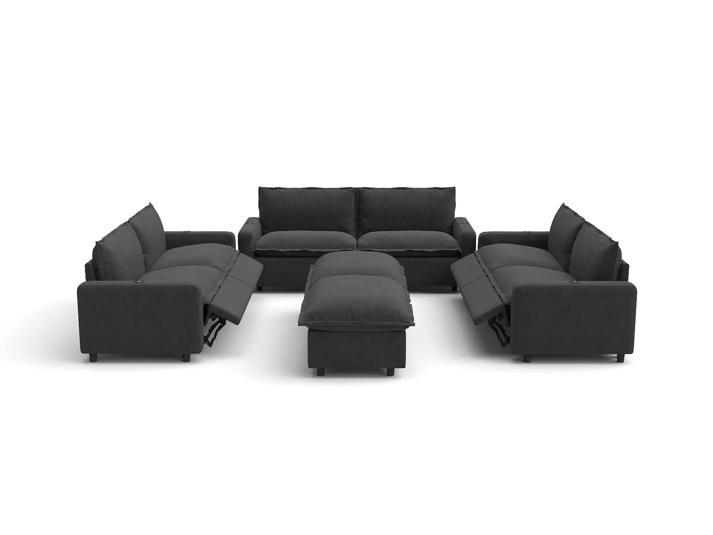 Modular Cero Reclining Sectionals | 8-Piece Grey Linen Open Plan Sofa Sets 6-Seater with 2-Ottomans