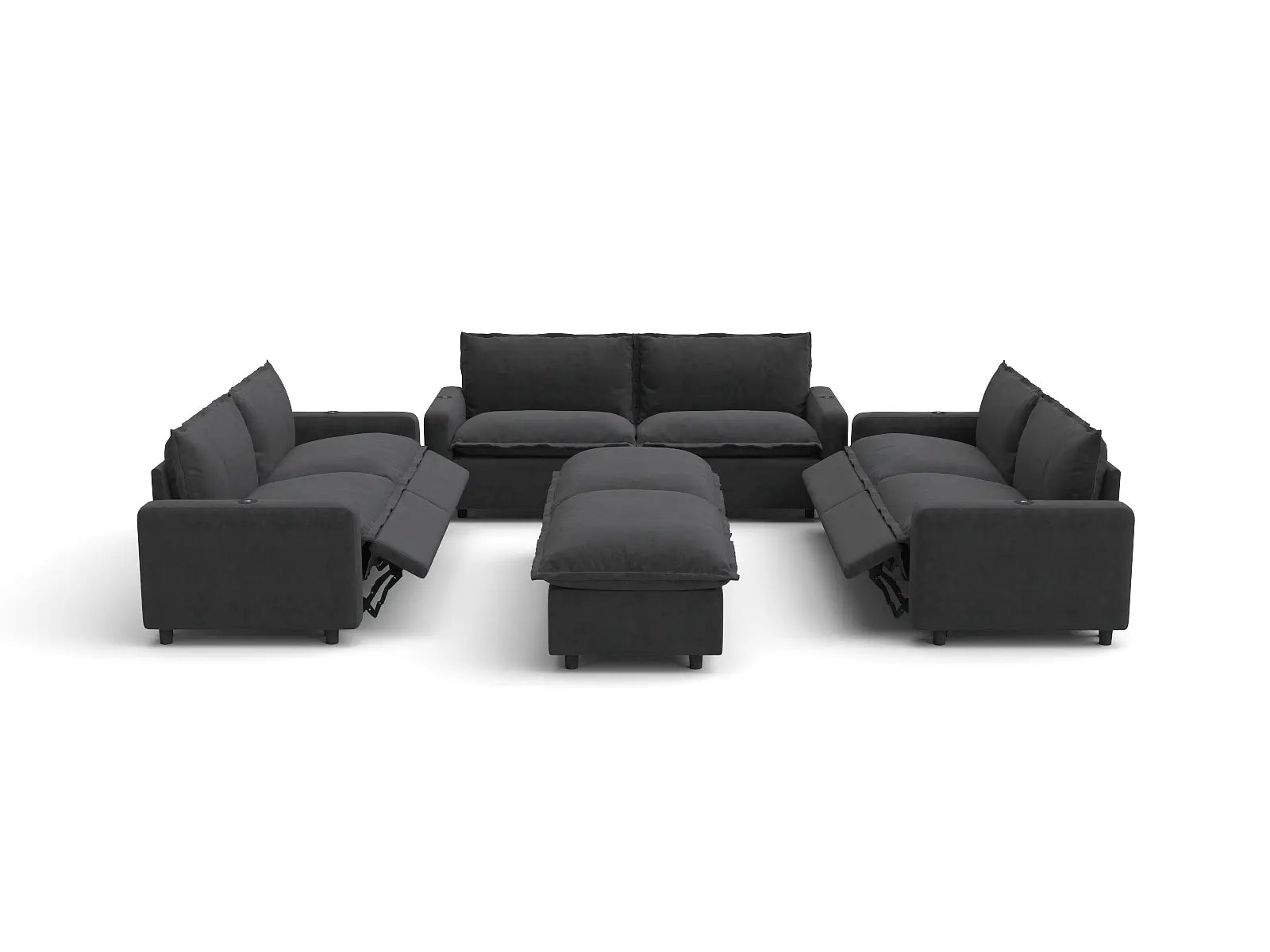 Modular Cero Reclining Sectionals | 8-Piece Grey Linen Open Plan Sofa Sets 6-Seater with 2-Ottomans