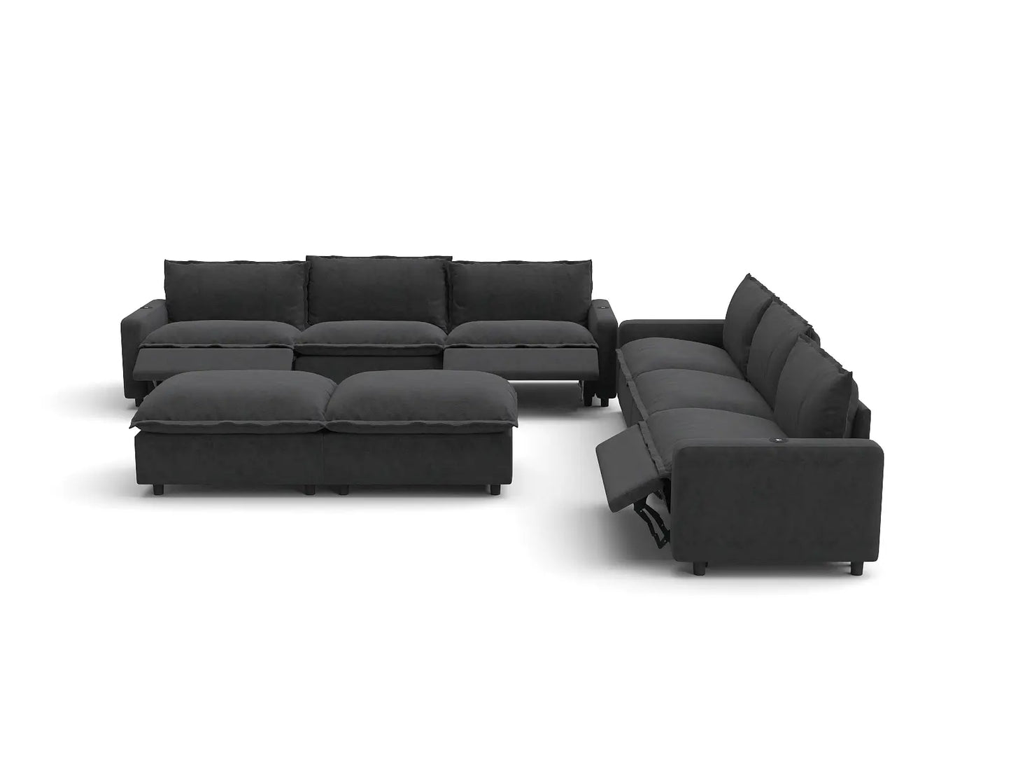 Modular Cero Reclining Sectionals | 8-Piece Grey Linen Open Plan Sofa Sets 6-Seater with 2-Ottomans