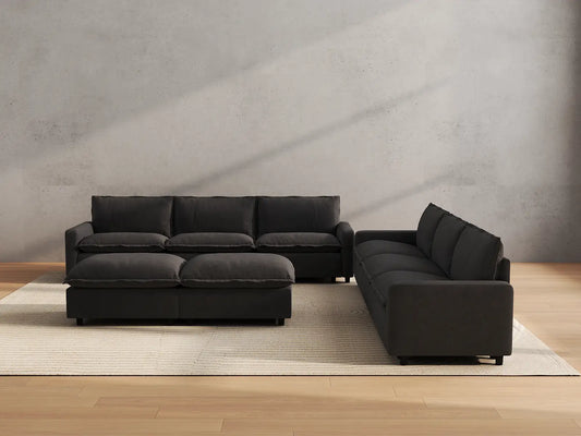 Modular Cero Modular Sectionals | 8-Piece Grey Linen Open Plan Sofa Sets 6-Seater with 2-Ottomans