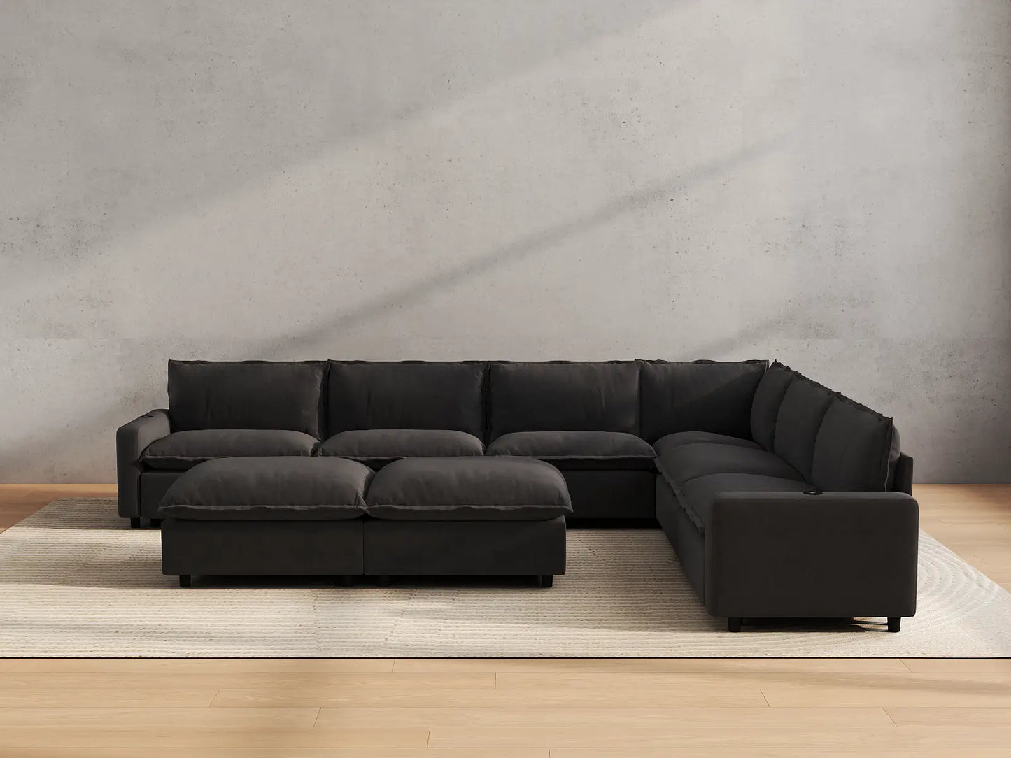 Modular Cero Reclining Sectionals | 8-Piece Grey Linen Open Plan Sofa Sets 6-Seater with 2-Ottomans