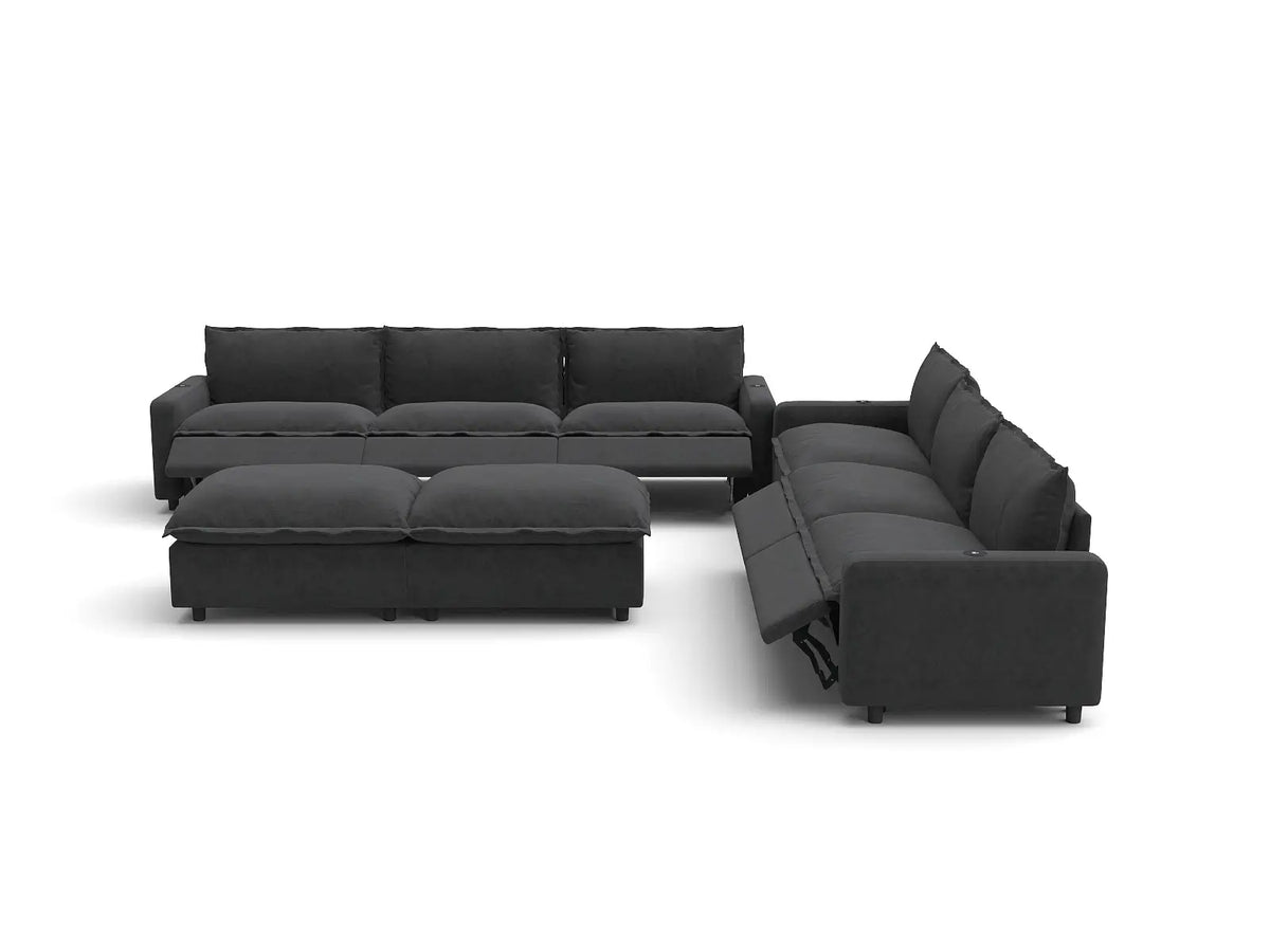 Modular Cero Reclining Sectionals | 8-Piece Grey Linen Open Plan Sofa Sets 6-Seater with 2-Ottomans
