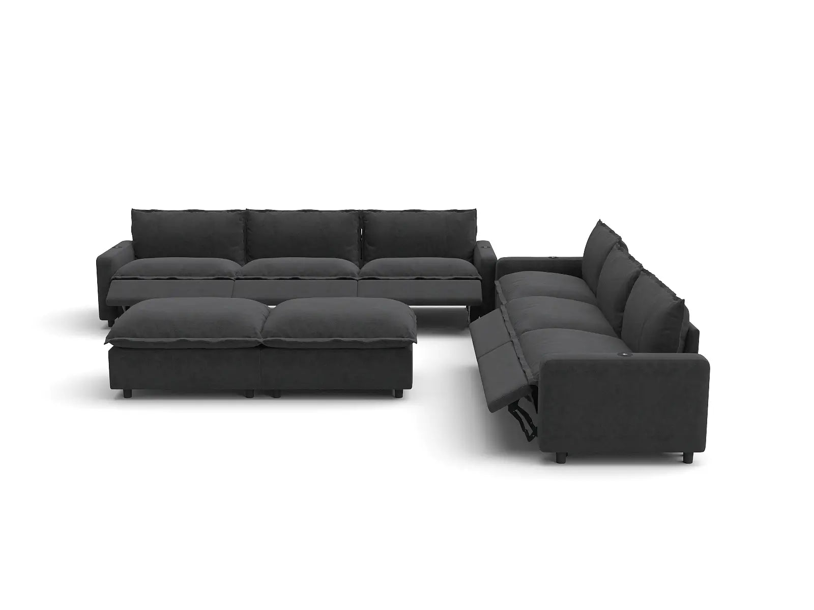 Modular Cero Reclining Sectionals | 8-Piece Grey Linen Open Plan Sofa Sets 6-Seater with 2-Ottomans