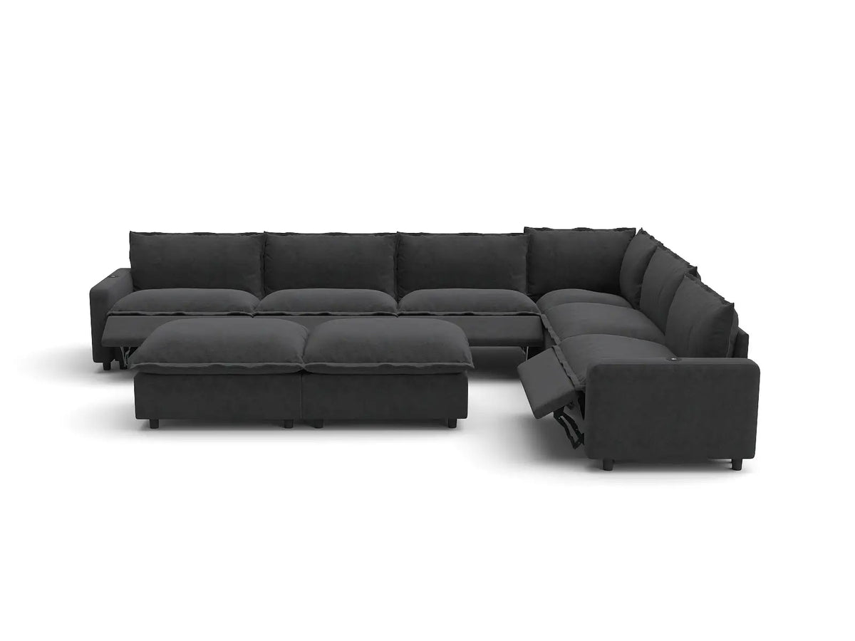 Modular Cero Reclining Sectionals | 8-Piece Grey Linen Open Plan Sofa Sets 6-Seater with 2-Ottomans