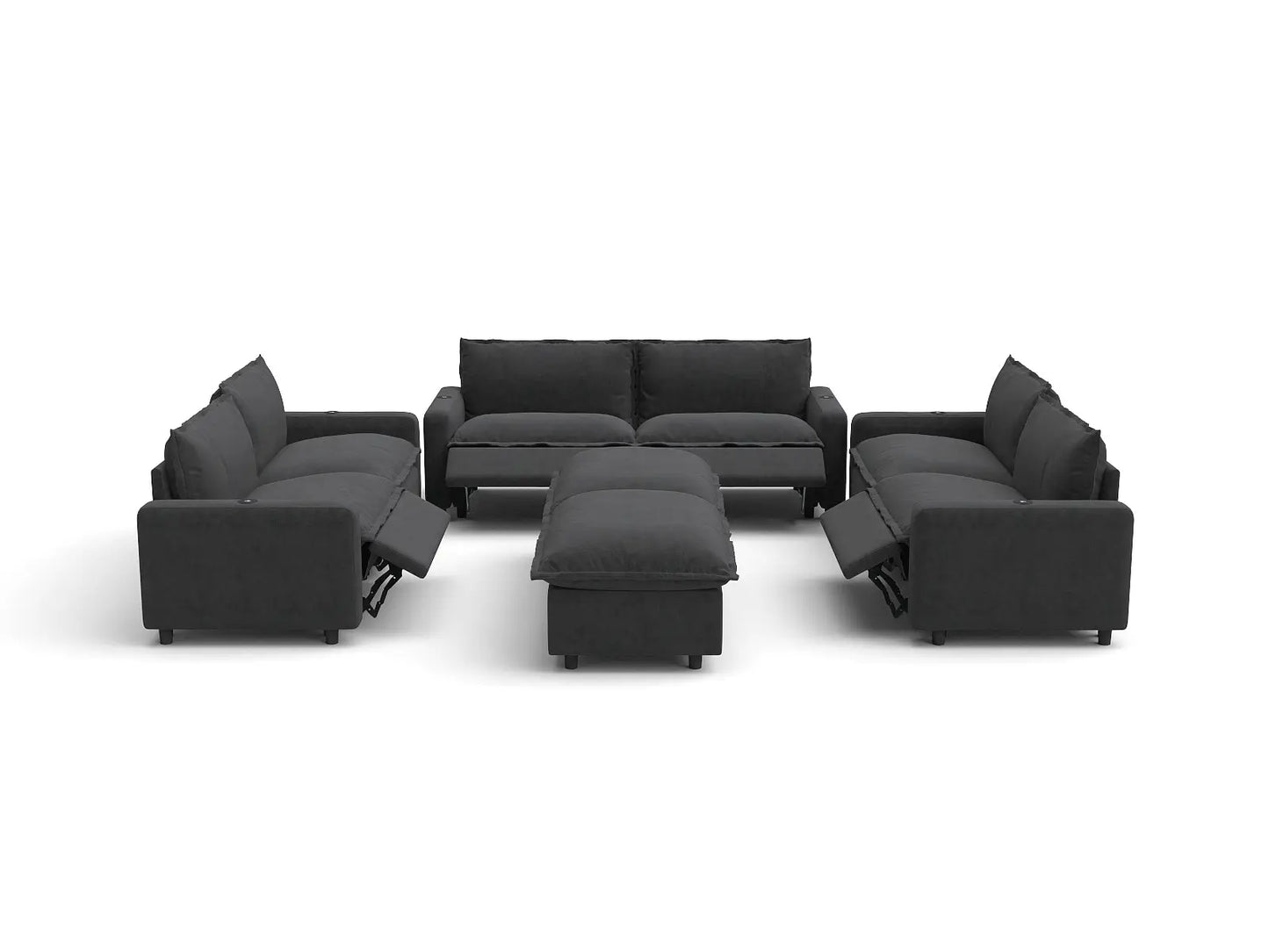 Modular Cero Reclining Sectionals | 8-Piece Grey Linen Open Plan Sofa Sets 6-Seater with 2-Ottomans