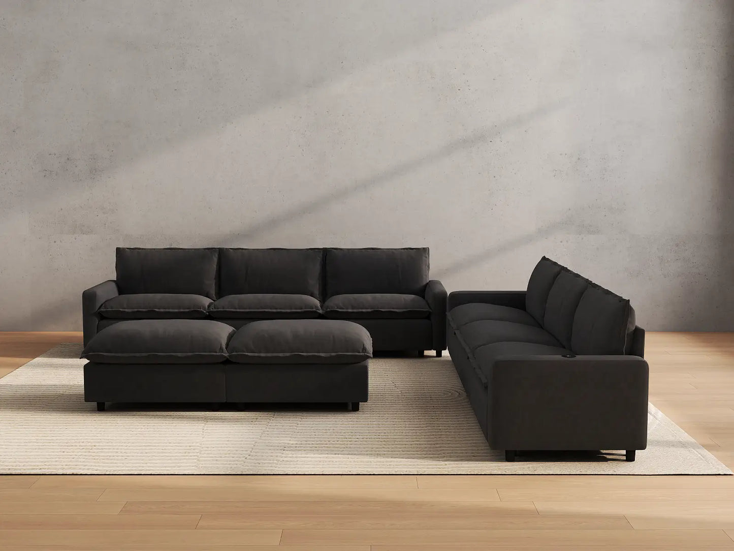 Modular Cero Reclining Sectionals | 8-Piece Grey Linen Open Plan Sofa Sets 6-Seater with 2-Ottomans