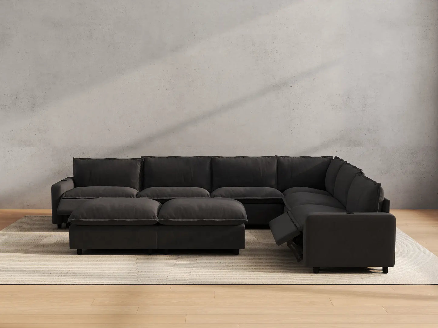 Modular Cero Reclining Sectionals | 8-Piece Grey Linen Open Plan Sofa Sets 6-Seater with 2-Ottomans
