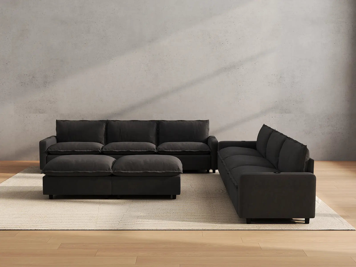 Modular Cero Reclining Sectionals | 8-Piece Grey Linen Open Plan Sofa Sets 6-Seater with 2-Ottomans