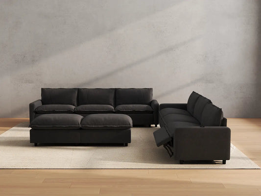 Modular Cero Reclining Sectionals | 8-Piece Grey Linen Open Plan Sofa Sets 6-Seater with 2-Ottomans