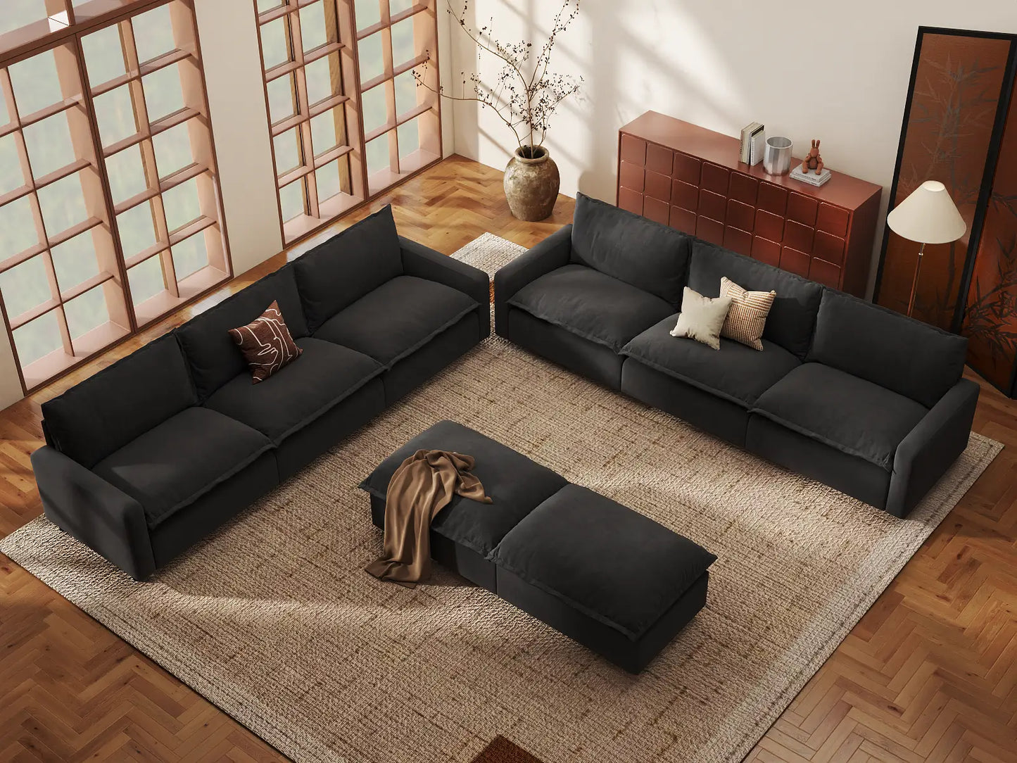 Modular Cero Modular Sectionals | 8-Piece Grey Linen Open Plan Sofa Sets 6-Seater with 2-Ottomans