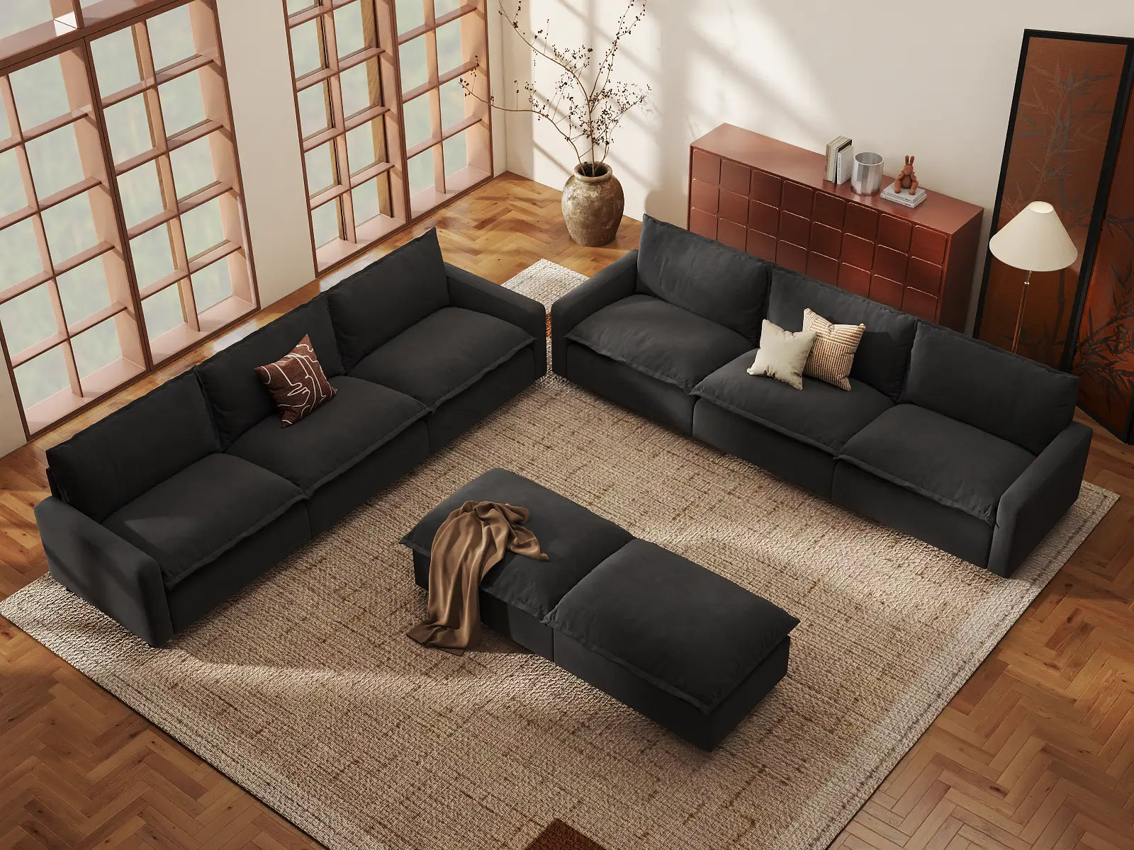 Modular Cero Modular Sectionals | 8-Piece Grey Linen Open Plan Sofa Sets 6-Seater with 2-Ottomans