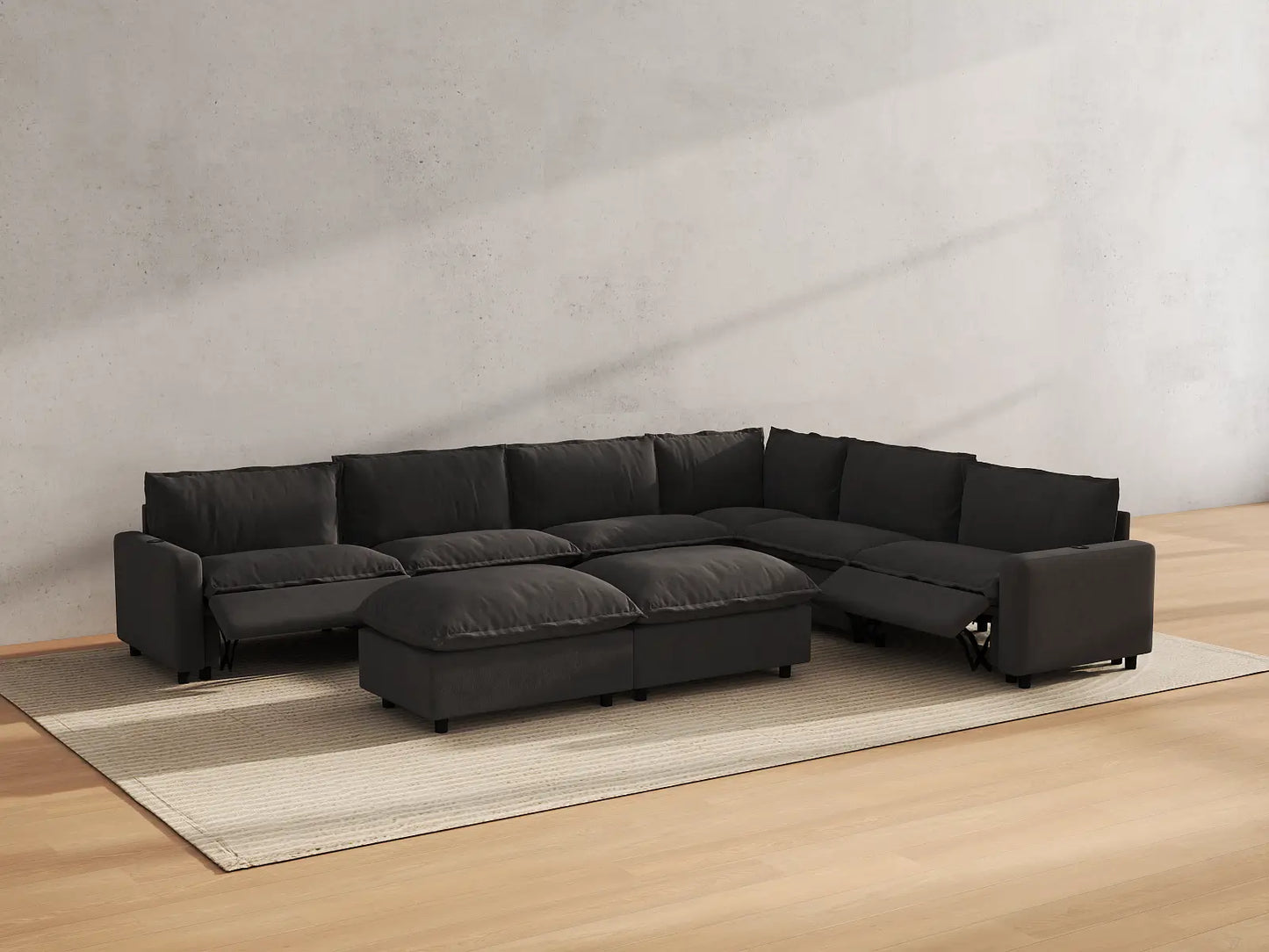 Modular Cero Reclining Sectionals | 8-Piece Grey Linen Open Plan Sofa Sets 6-Seater with 2-Ottomans