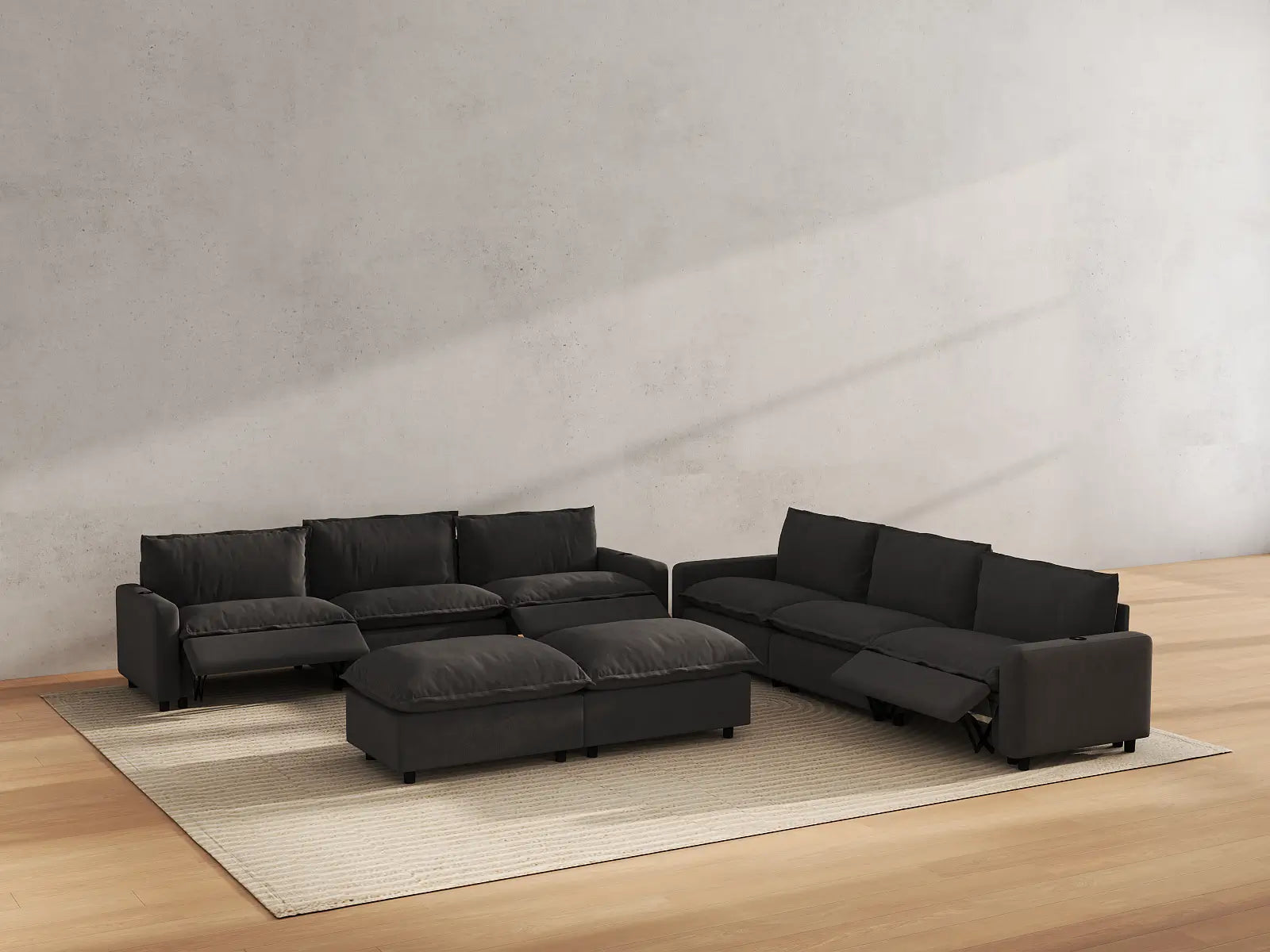 Modular Cero Reclining Sectionals | 8-Piece Grey Linen Open Plan Sofa Sets 6-Seater with 2-Ottomans