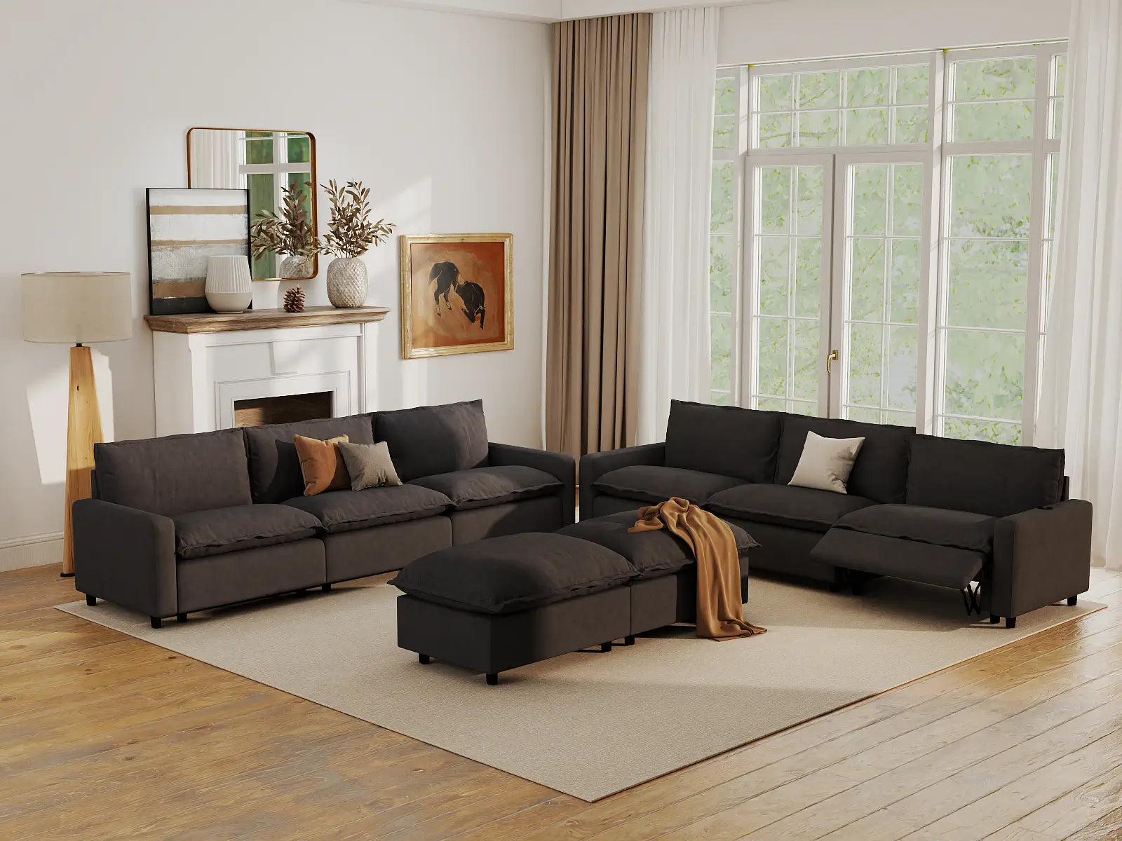 Modular Cero Reclining Sectionals | 8-Piece Grey Linen Open Plan Sofa Sets 6-Seater with 2-Ottomans