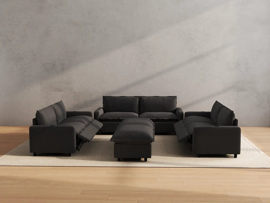 Modular Cero Reclining Sectionals | 8-Piece Grey Linen Open Plan Sofa Sets 6-Seater with 2-Ottomans