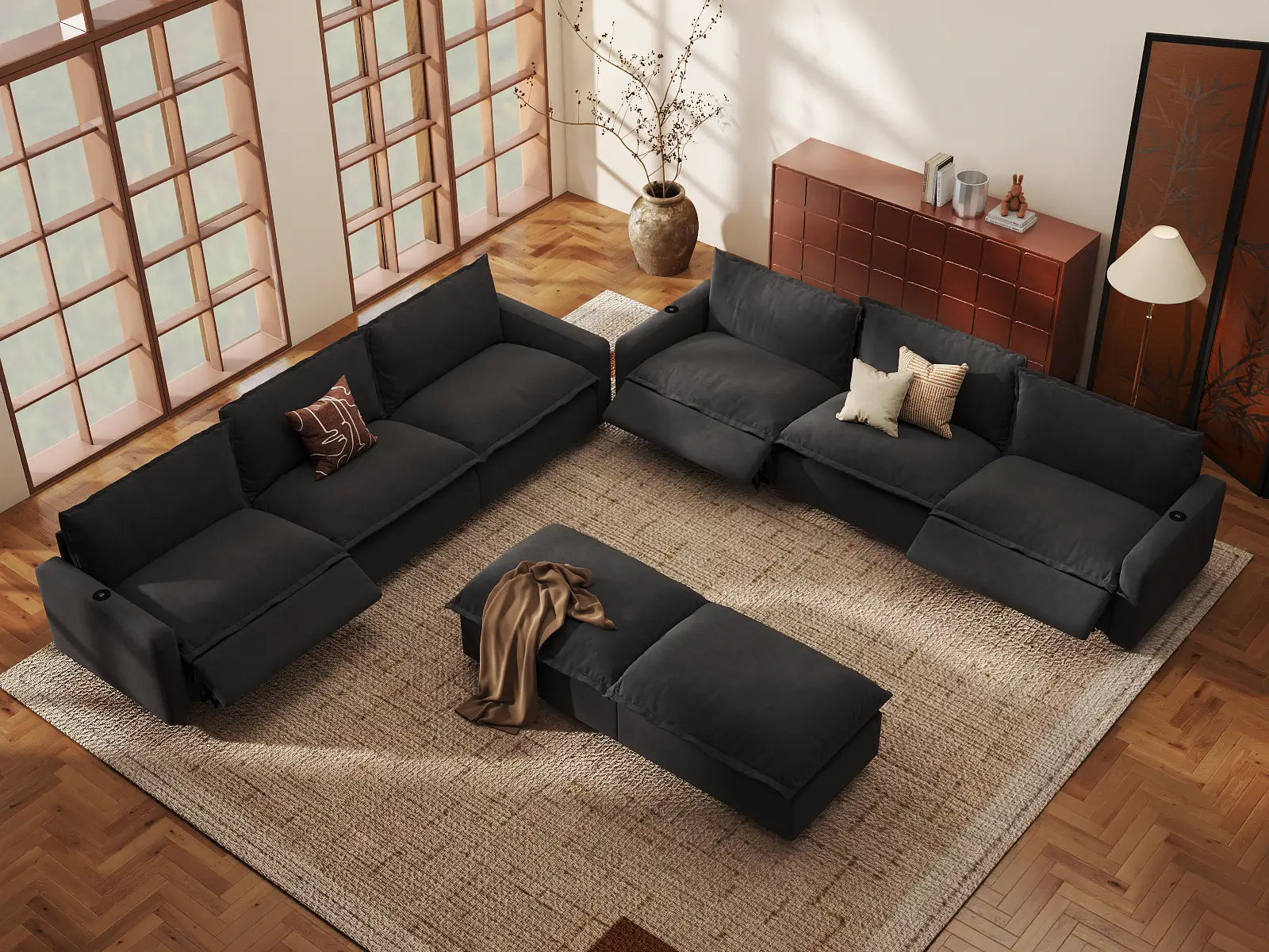 Modular Cero Reclining Sectionals | 8-Piece Grey Linen Open Plan Sofa Sets 6-Seater with 2-Ottomans