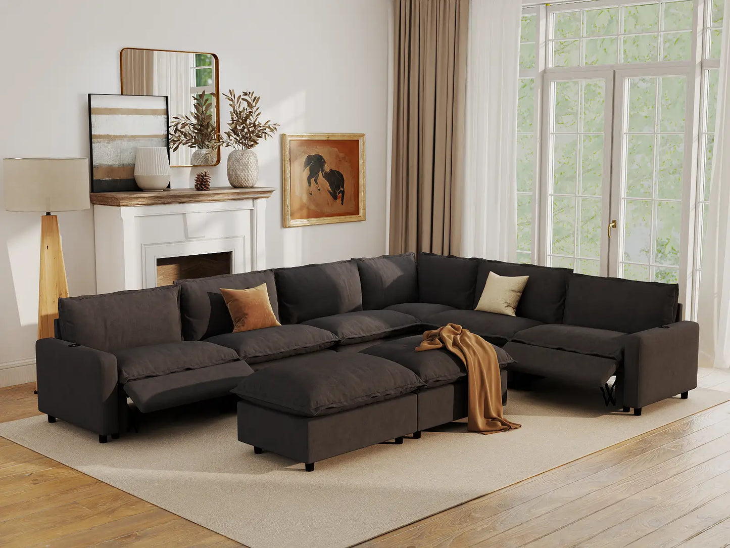 Modular Cero Reclining Sectionals | 8-Piece Grey Linen Open Plan Sofa Sets 6-Seater with 2-Ottomans