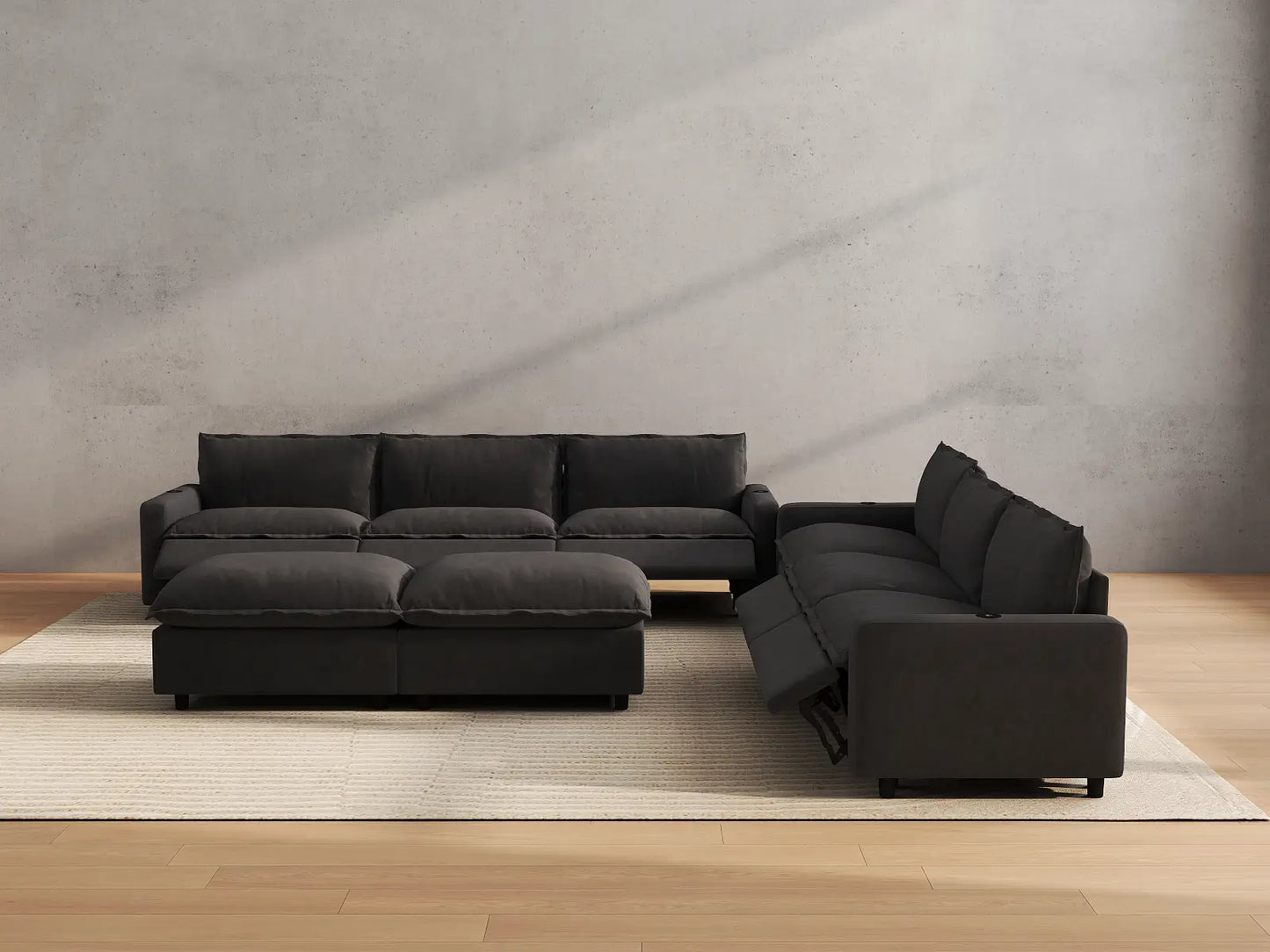Modular Cero Reclining Sectionals | 8-Piece Grey Linen Open Plan Sofa Sets 6-Seater with 2-Ottomans