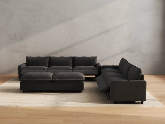 Modular Cero Reclining Sectionals | 8-Piece Grey Linen Open Plan Sofa Sets 6-Seater with 2-Ottomans