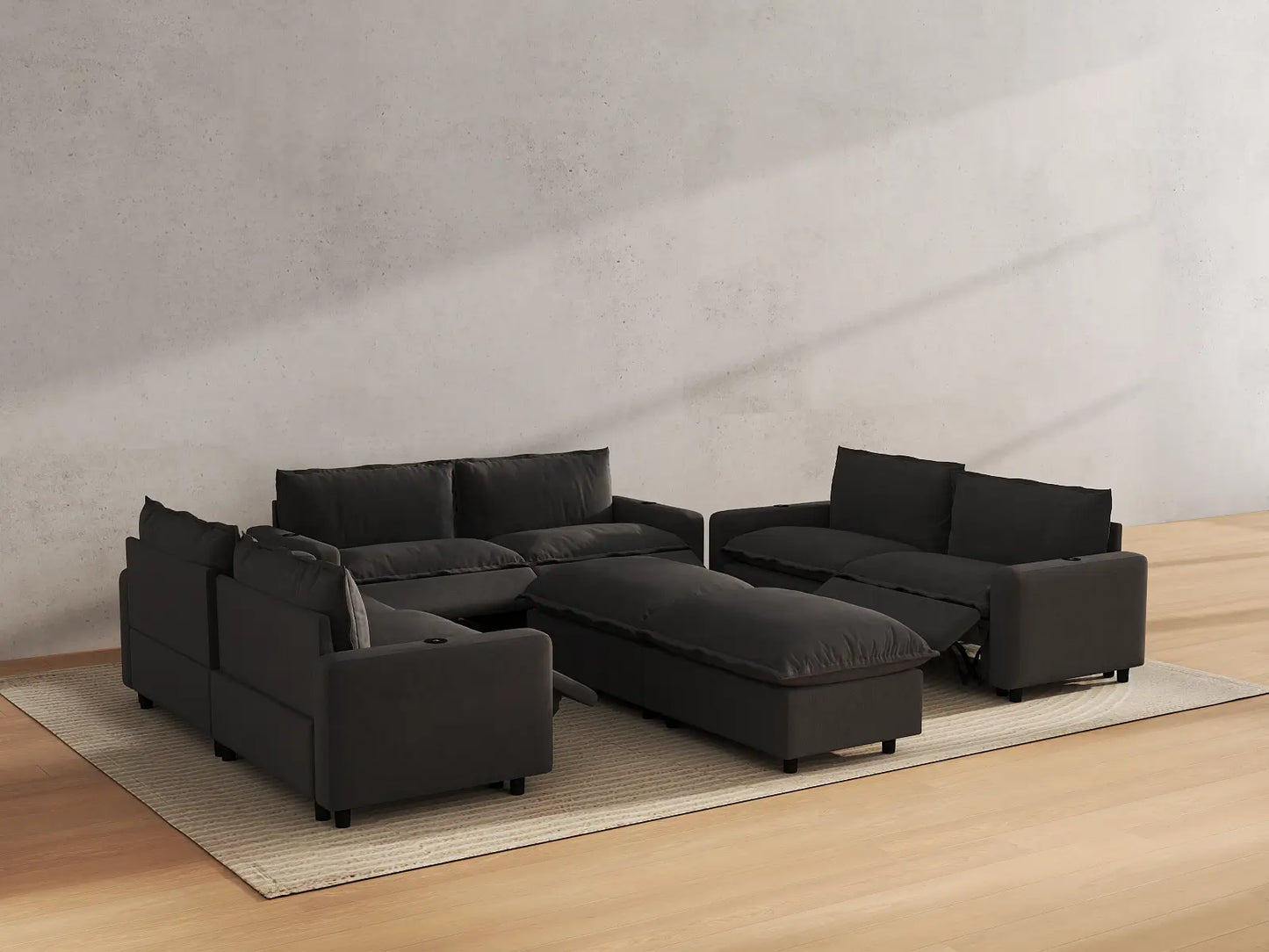 Modular Cero Reclining Sectionals | 8-Piece Grey Linen Open Plan Sofa Sets 6-Seater with 2-Ottomans