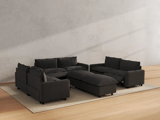 Modular Cero Reclining Sectionals | 8-Piece Grey Linen Open Plan Sofa Sets 6-Seater with 2-Ottomans