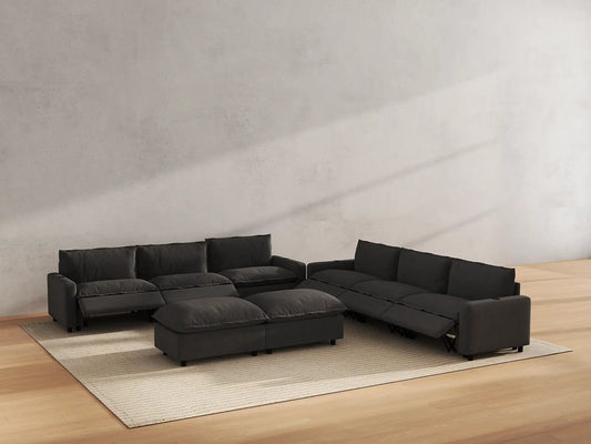 Modular Cero Reclining Sectionals | 8-Piece Grey Linen Open Plan Sofa Sets 6-Seater with 2-Ottomans