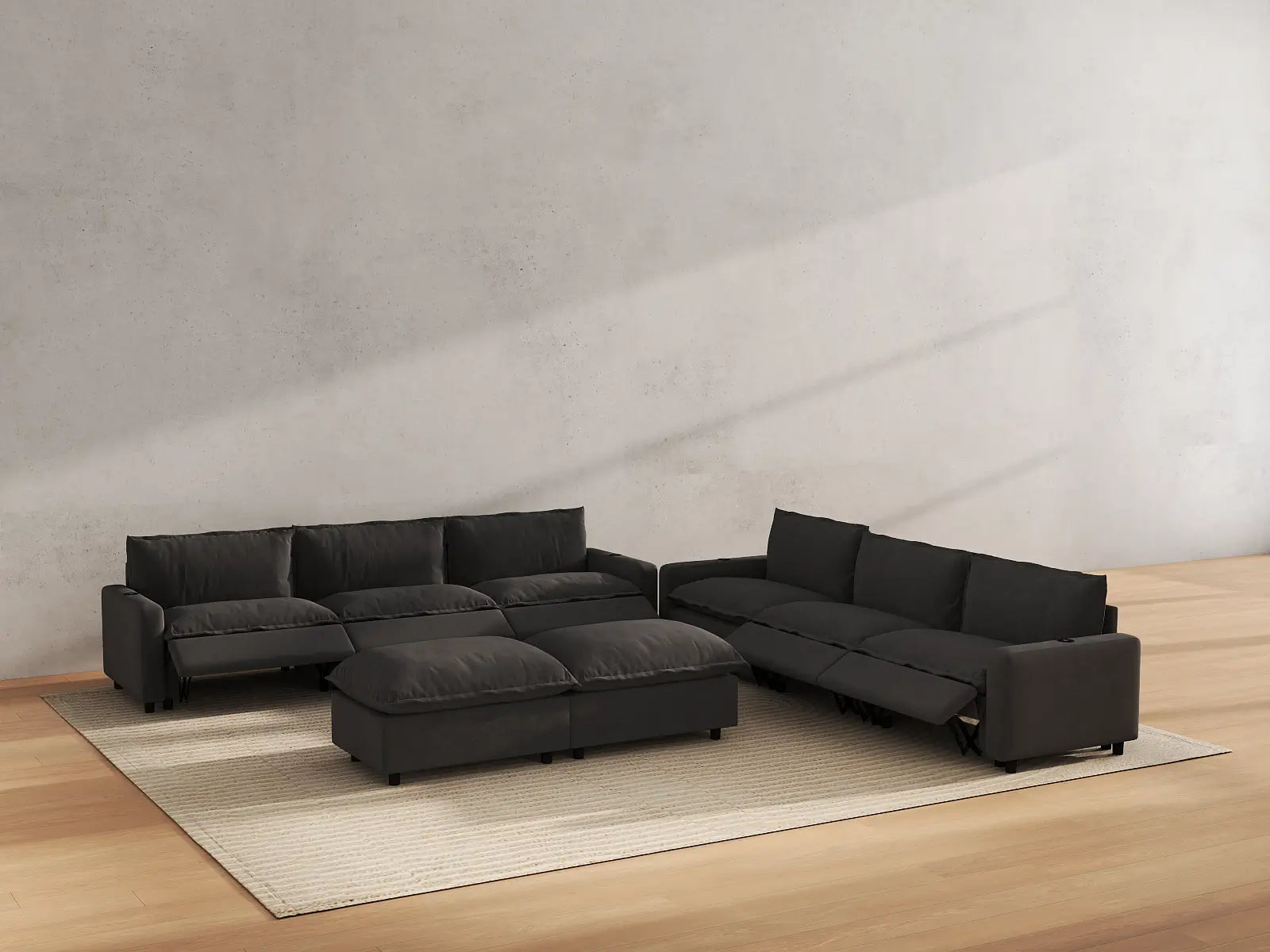 Modular Cero Reclining Sectionals | 8-Piece Grey Linen Open Plan Sofa Sets 6-Seater with 2-Ottomans