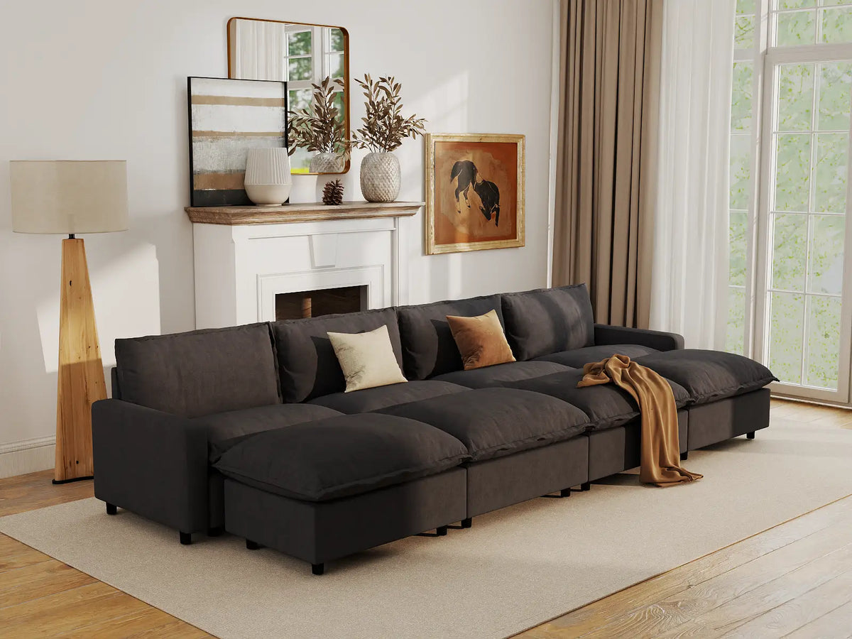 Modular Cero Modular Sectionals | 8-Piece Grey Linen Open Space Pit Sectionals 4-Seater with 4-Ottomans