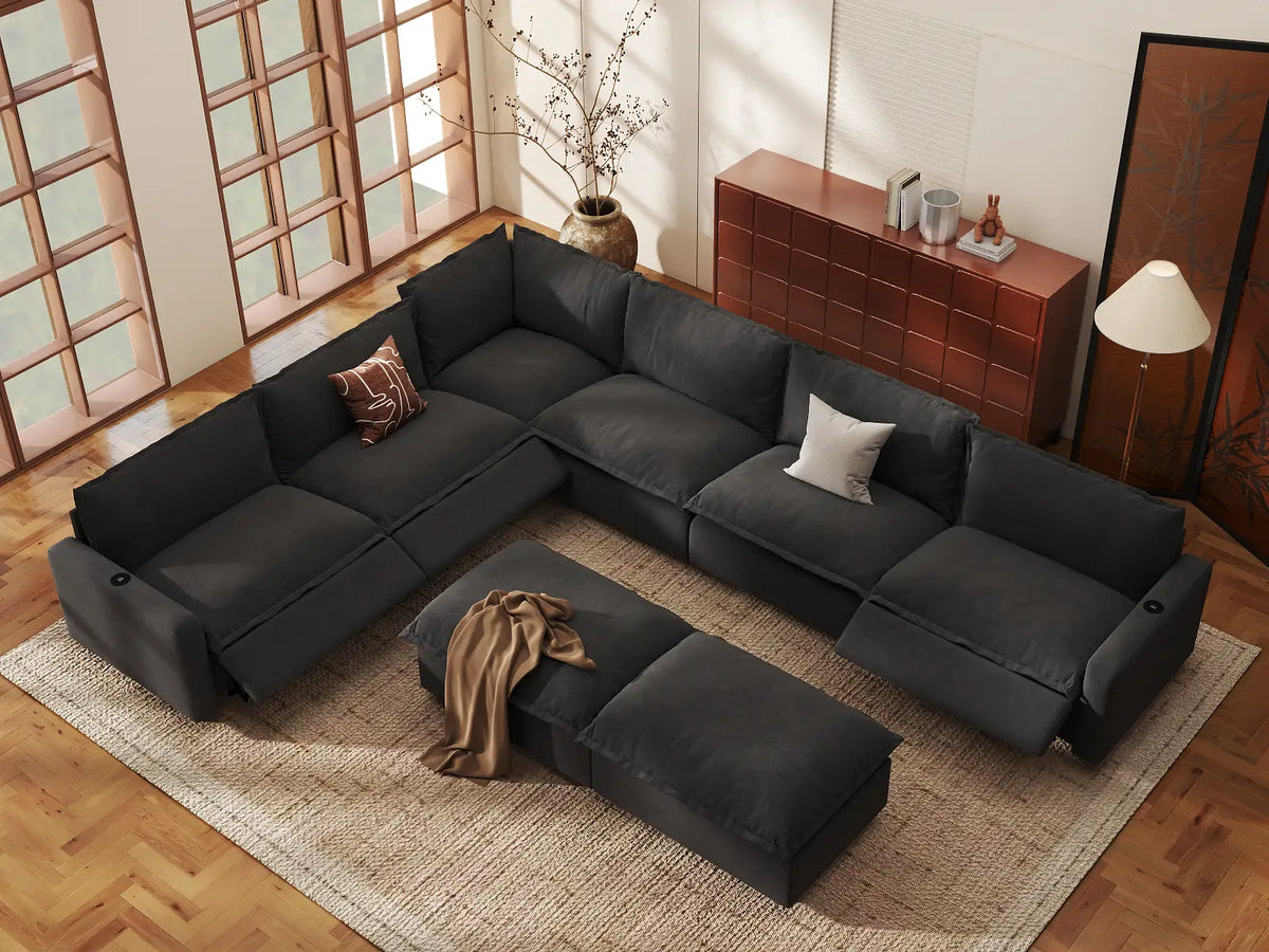 Modular Cero Reclining Sectionals | 8-Piece Grey Linen Open Space Sofa Sets 6-Seater with 2-Ottomans