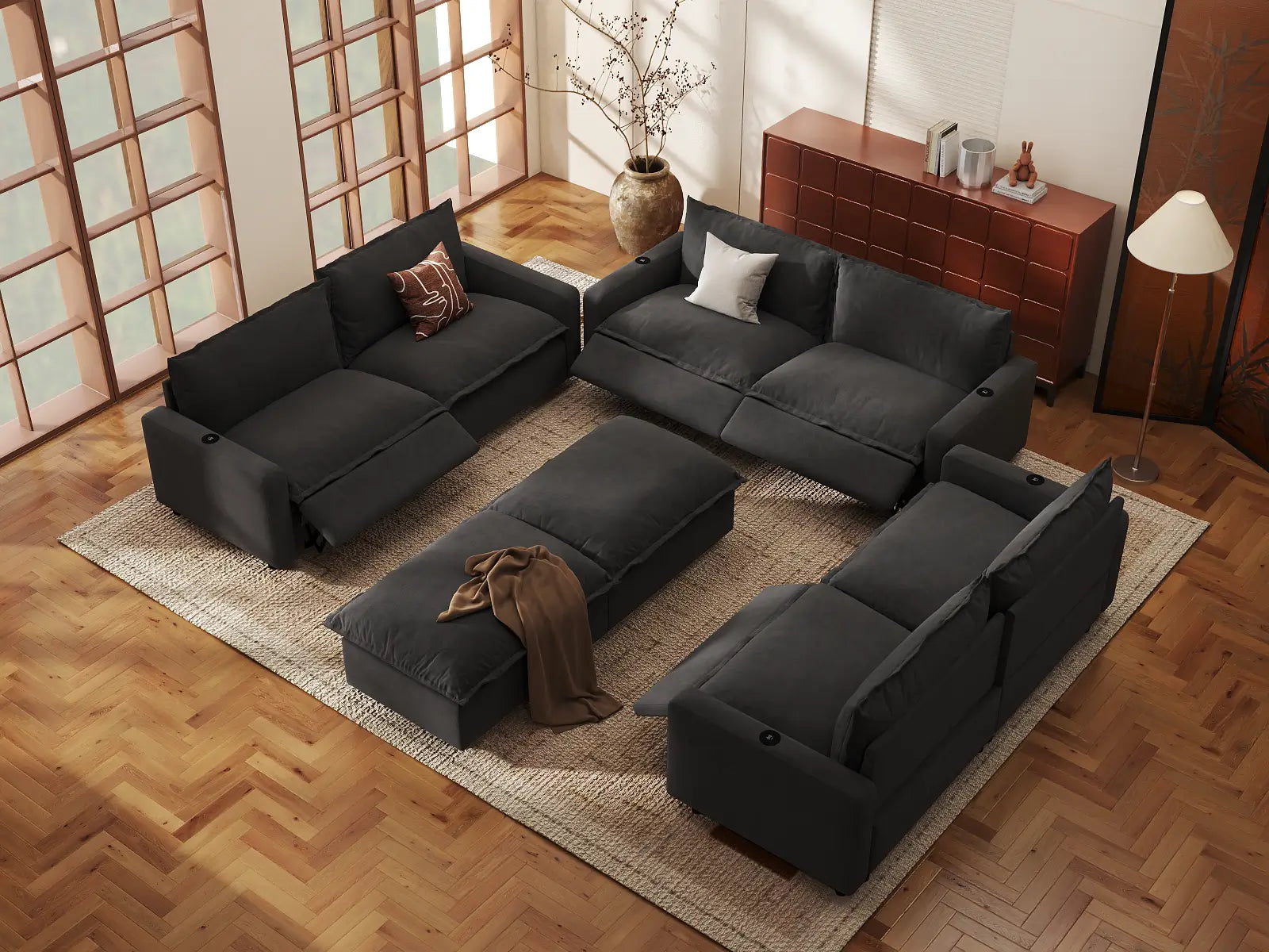 Modular Cero Reclining Sectionals | 8-Piece Grey Linen Open Space Sofa Sets 6-Seater with 2-Ottomans