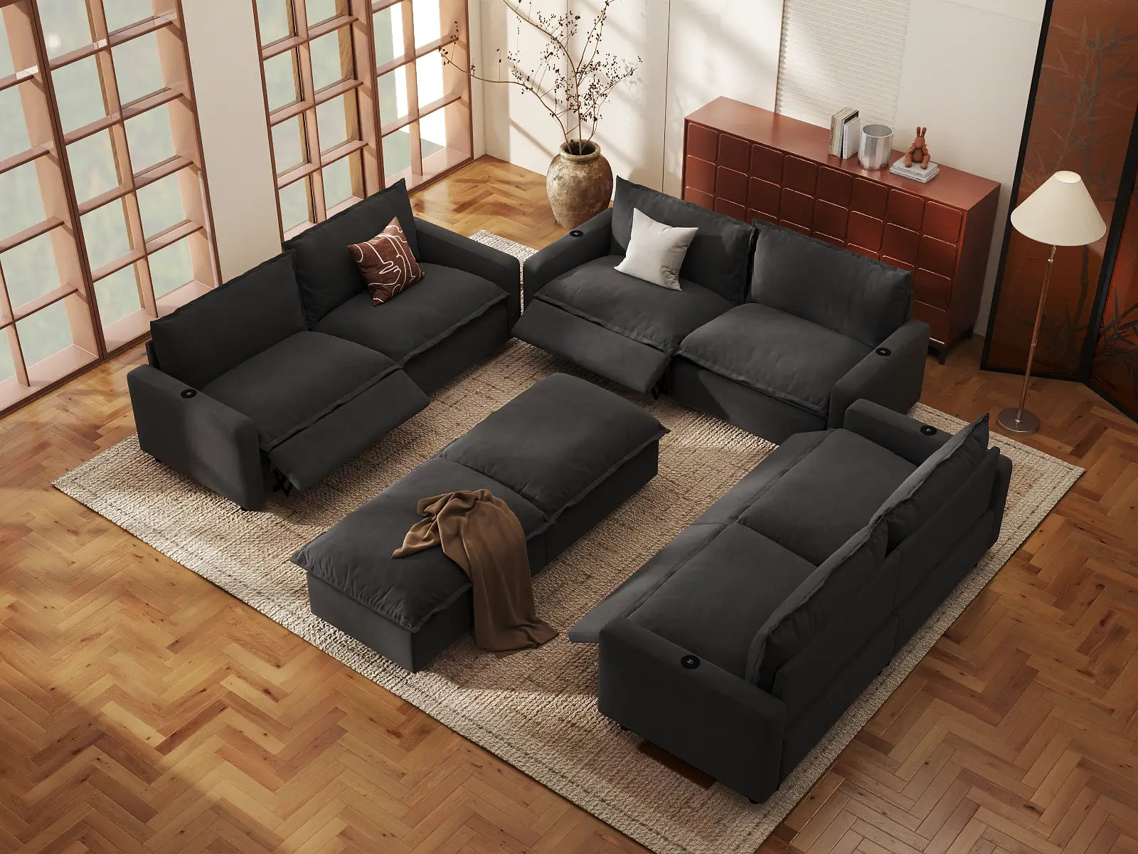 Modular Cero Reclining Sectionals | 8-Piece Grey Linen Open Space Sofa Sets 6-Seater with 2-Ottomans