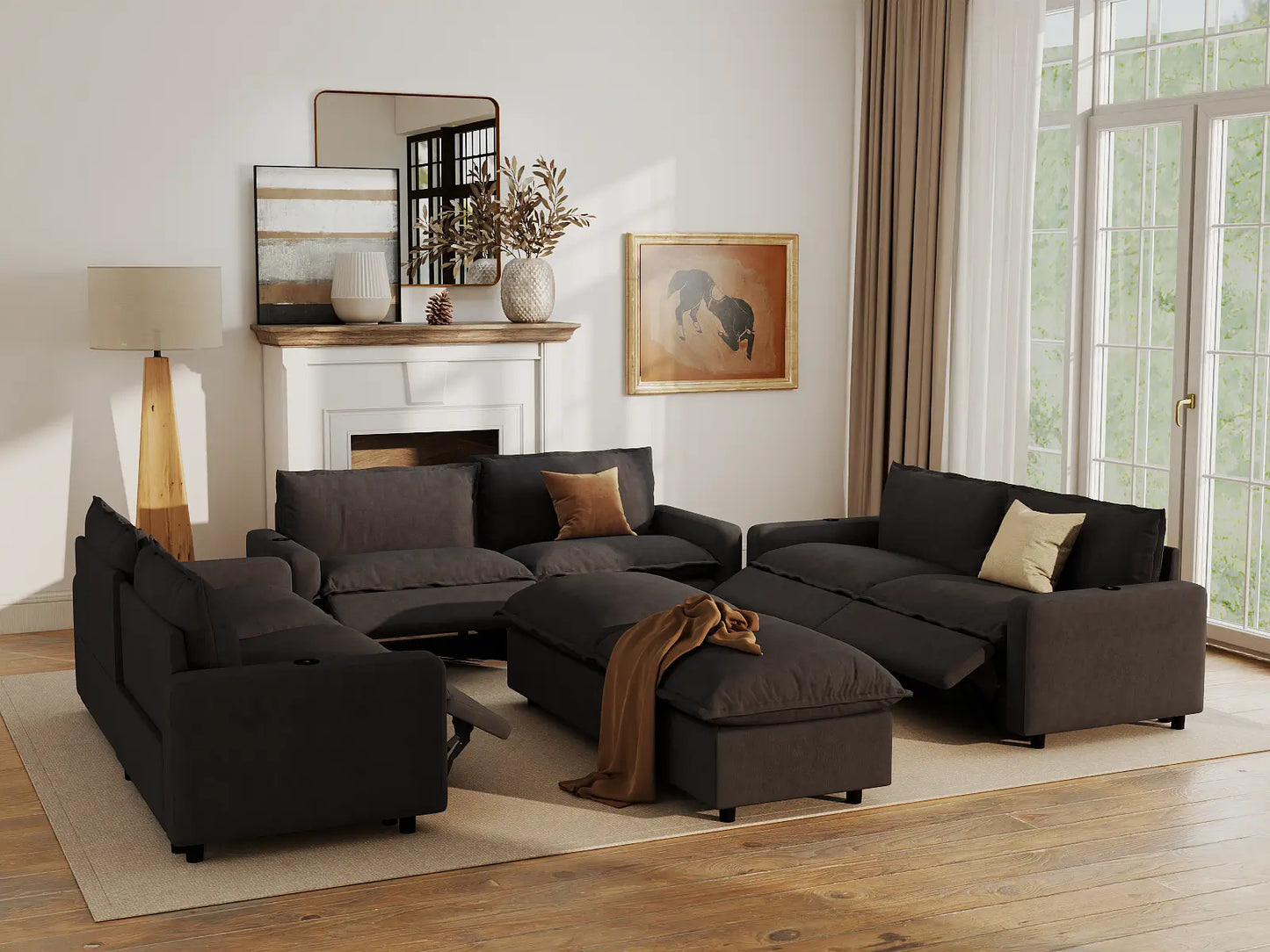 Modular Cero Reclining Sectionals | 8-Piece Grey Linen Open Space Sofa Sets 6-Seater with 2-Ottomans