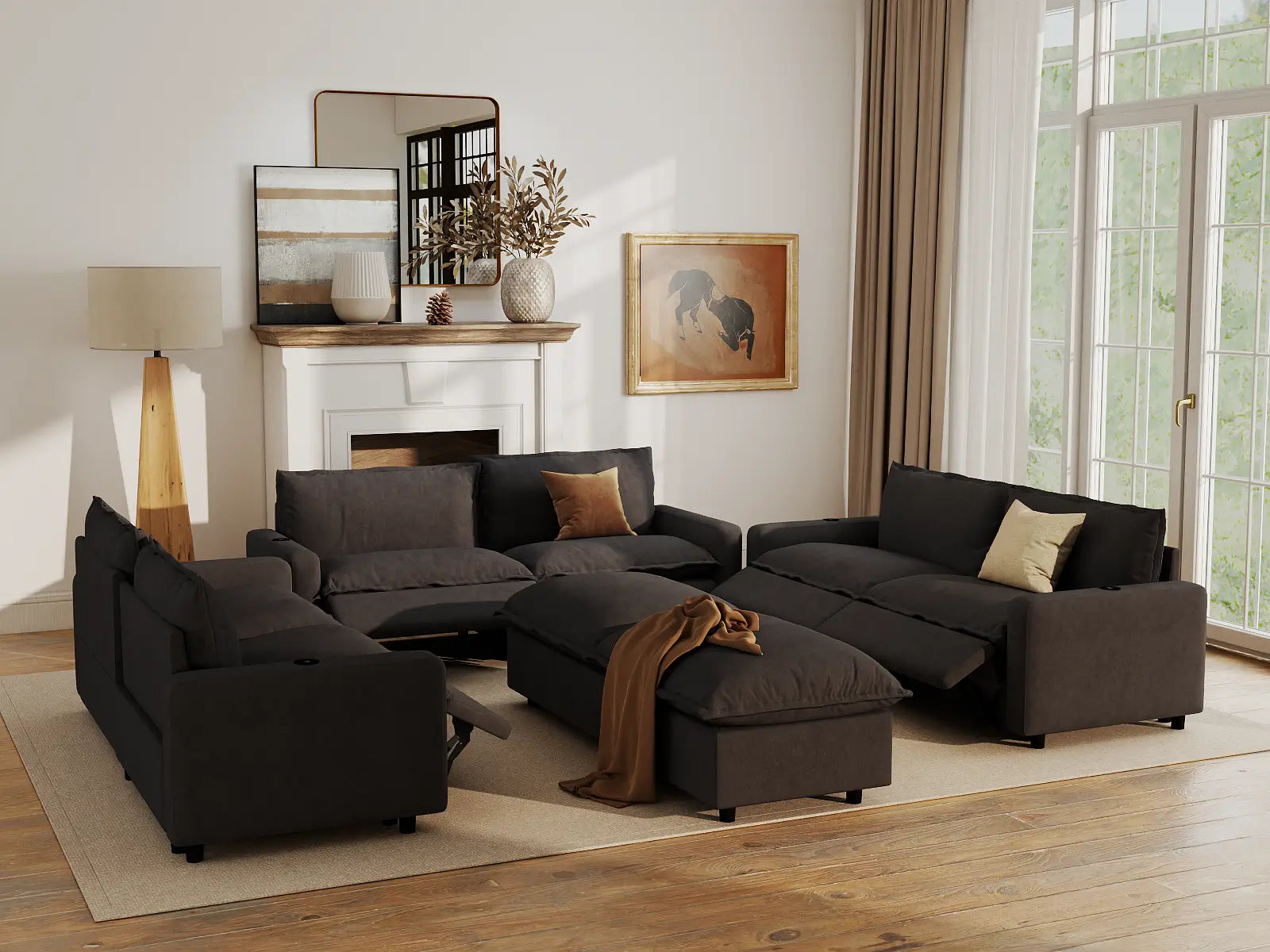 Modular Cero Reclining Sectionals | 8-Piece Grey Linen Open Space Sofa Sets 6-Seater with 2-Ottomans