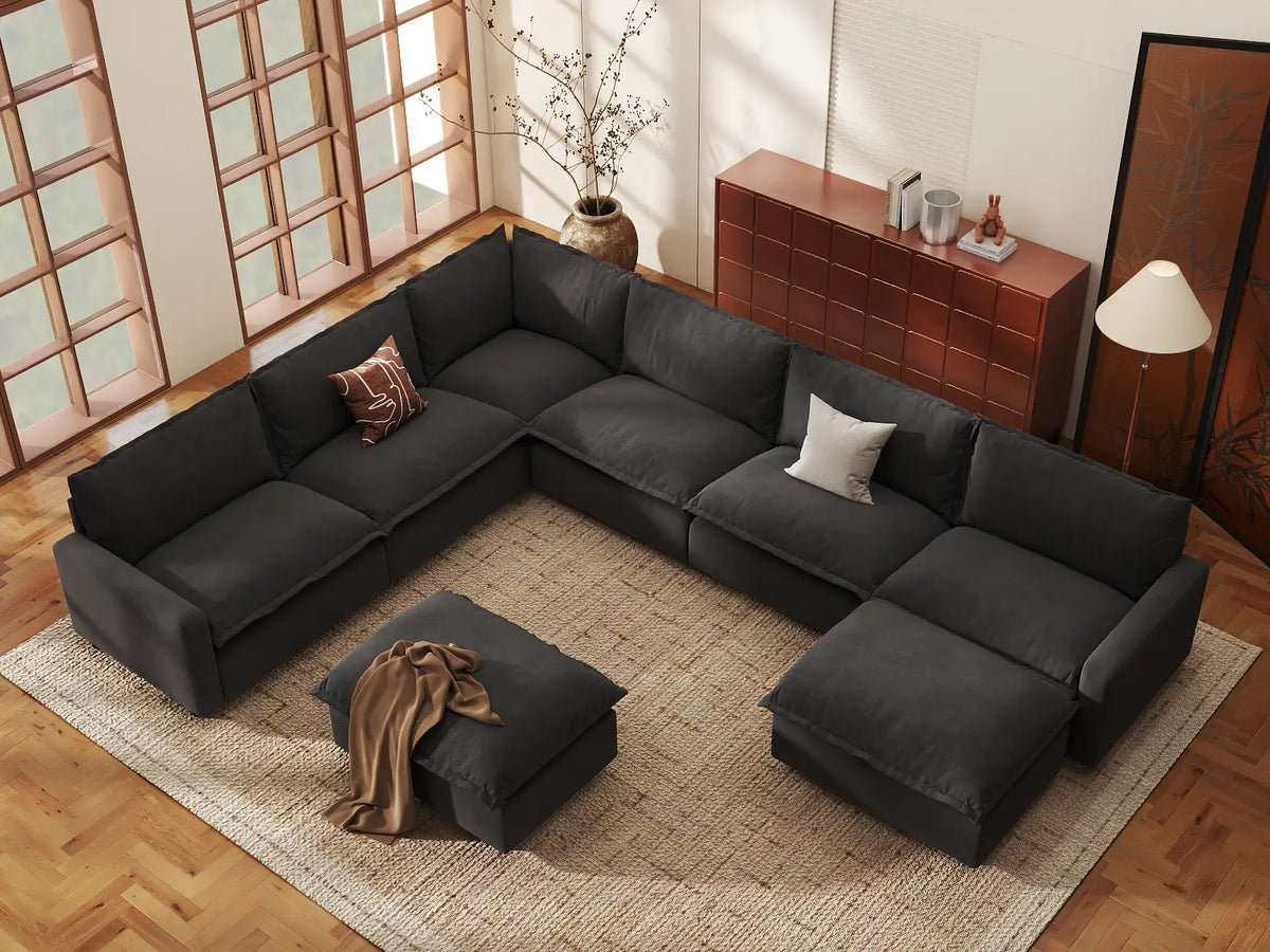 Modular Cero Modular Sectionals | 8-Piece Grey Linen Open Space Sofa Sets 6-Seater with 2-Ottomans
