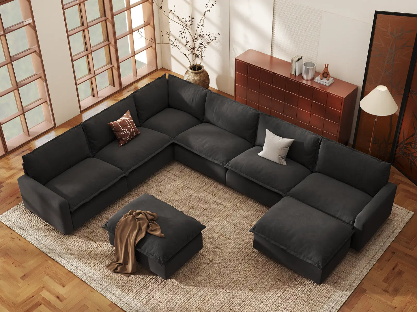 Modular Cero Modular Sectionals | 8-Piece Grey Linen Open Space Sofa Sets 6-Seater with 2-Ottomans