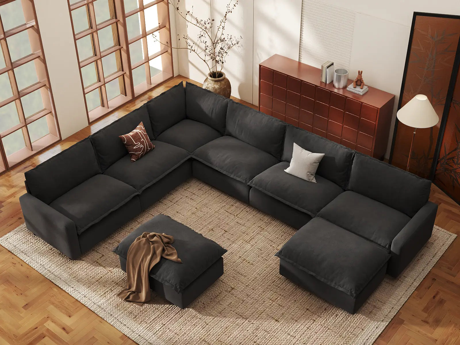 Modular Cero Modular Sectional with Chaise | 8-Piece Grey Linen Open Space Sofa Sets 6-Seater with 2-Ottomans