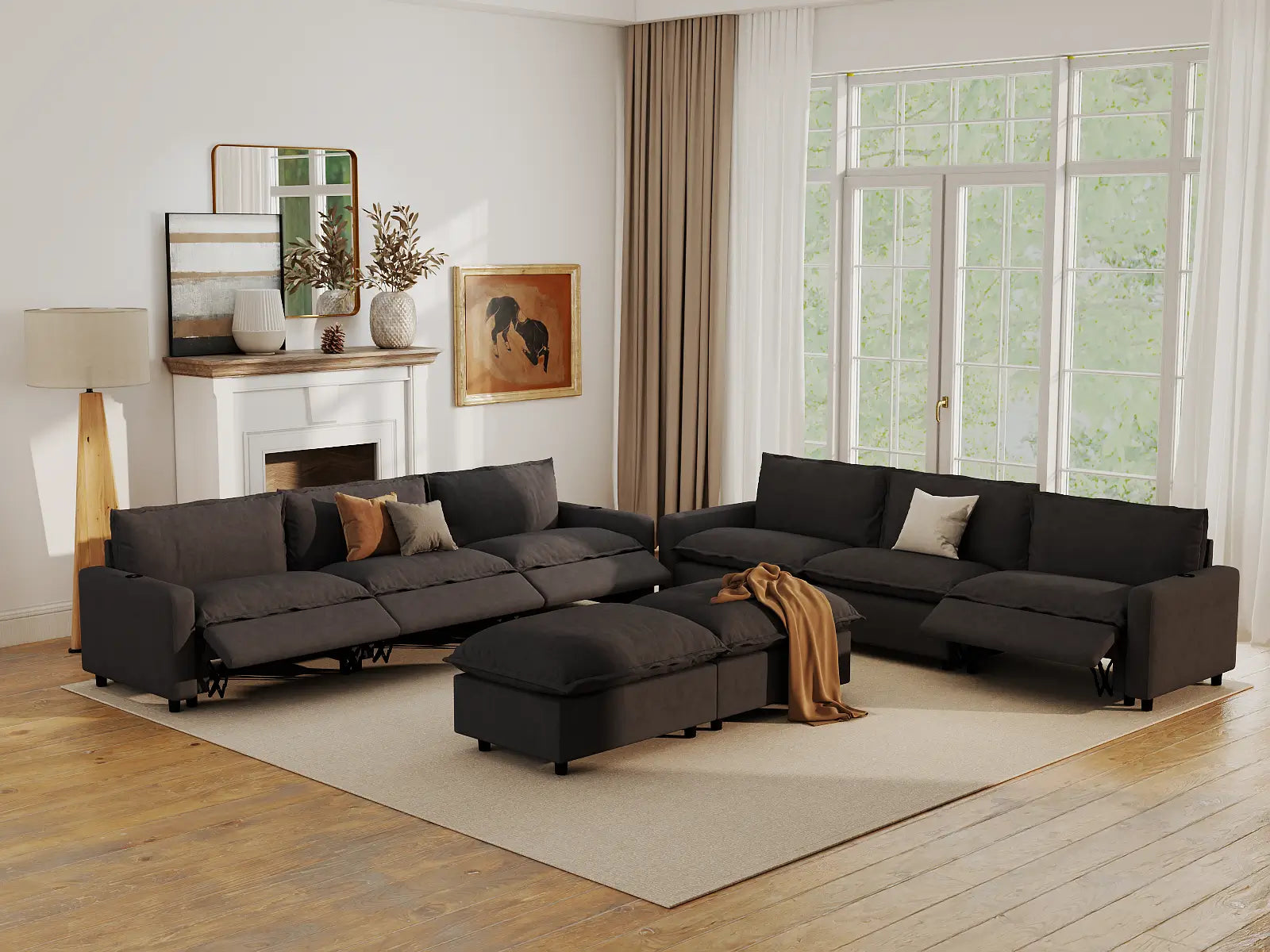 Modular Cero Recliner and Sofa Set | 8-Piece Grey Linen Open Space Sofa Sets 6-Seater with 2-Ottomans