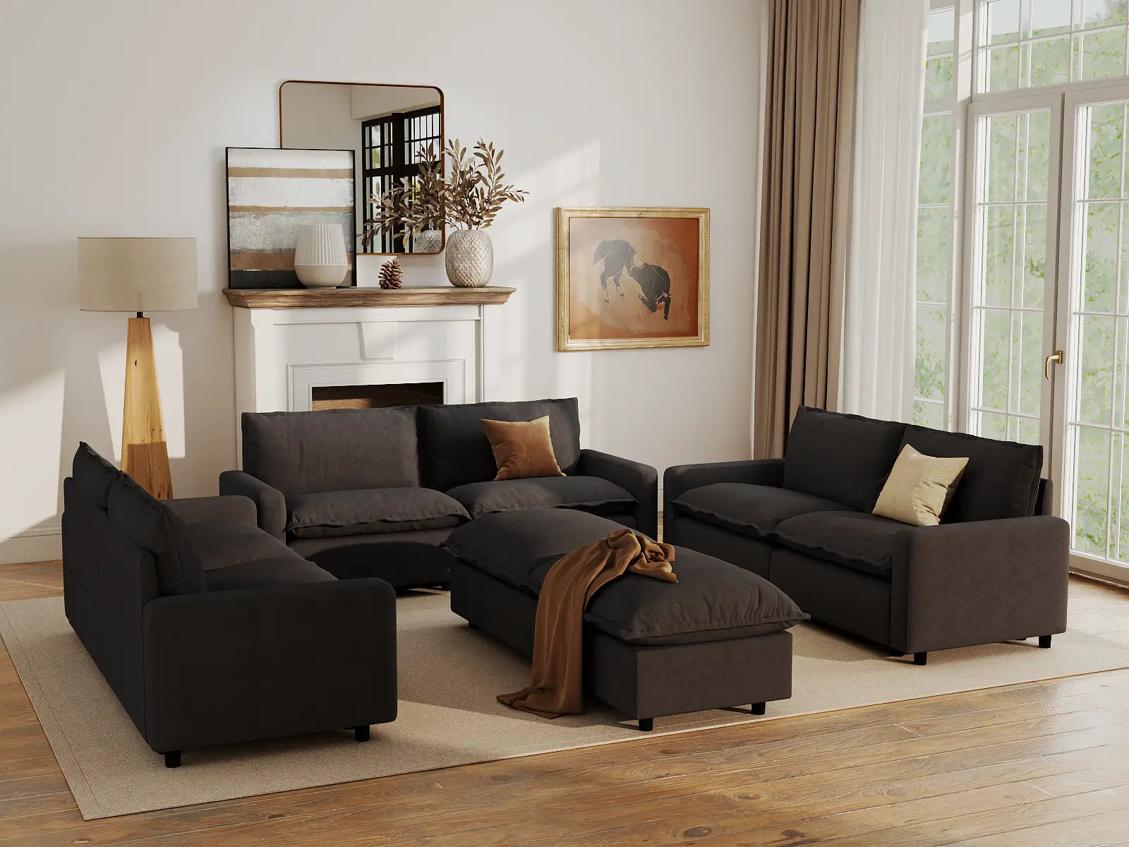 Modular Cero Modular Sectionals | 8-Piece Grey Linen Open Space Sofa Sets 6-Seater with 2-Ottomans
