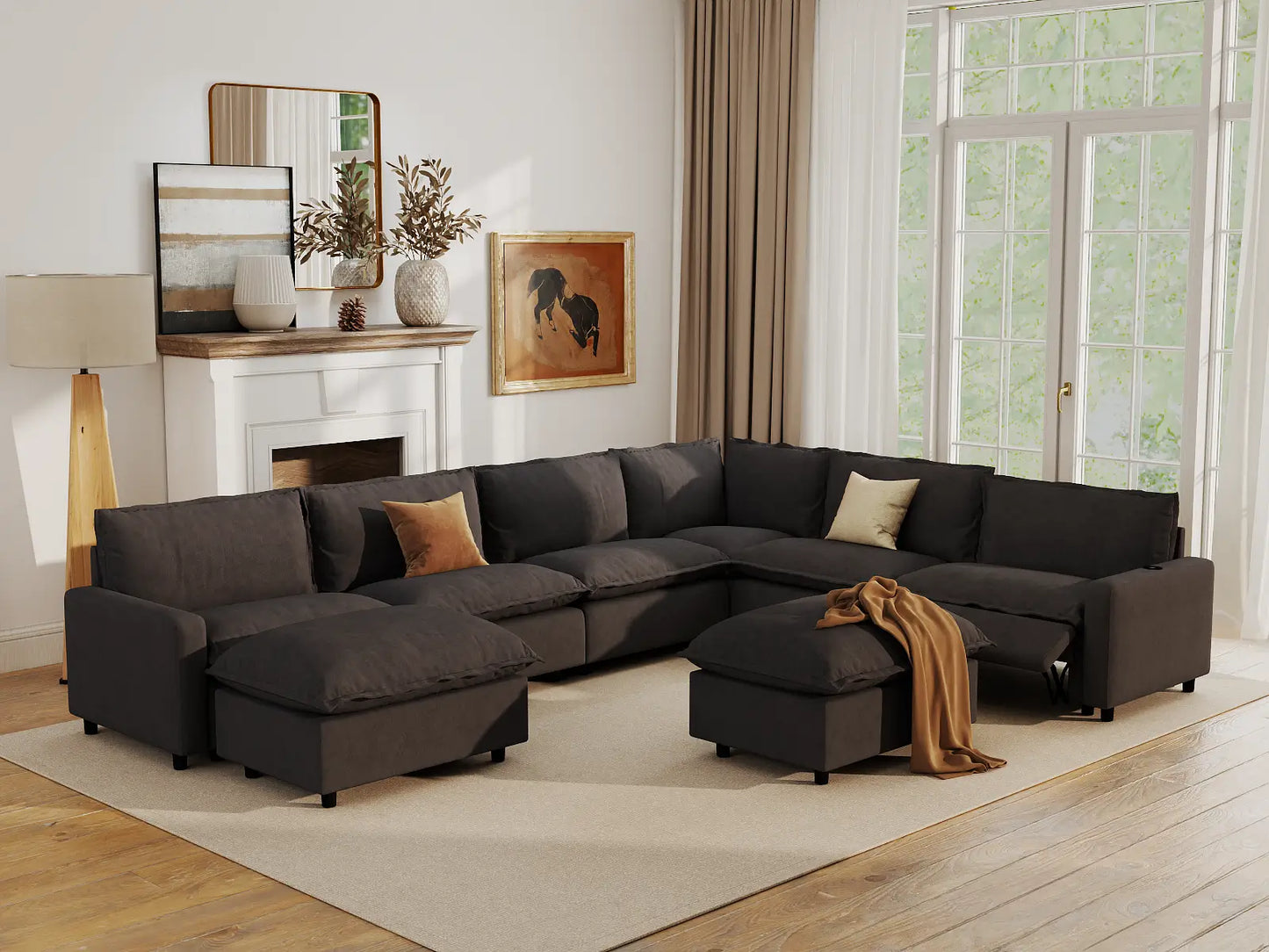 Modular Cero Reclining Sectionals | 8-Piece Grey Linen Open Space Sofa Sets 6-Seater with 2-Ottomans
