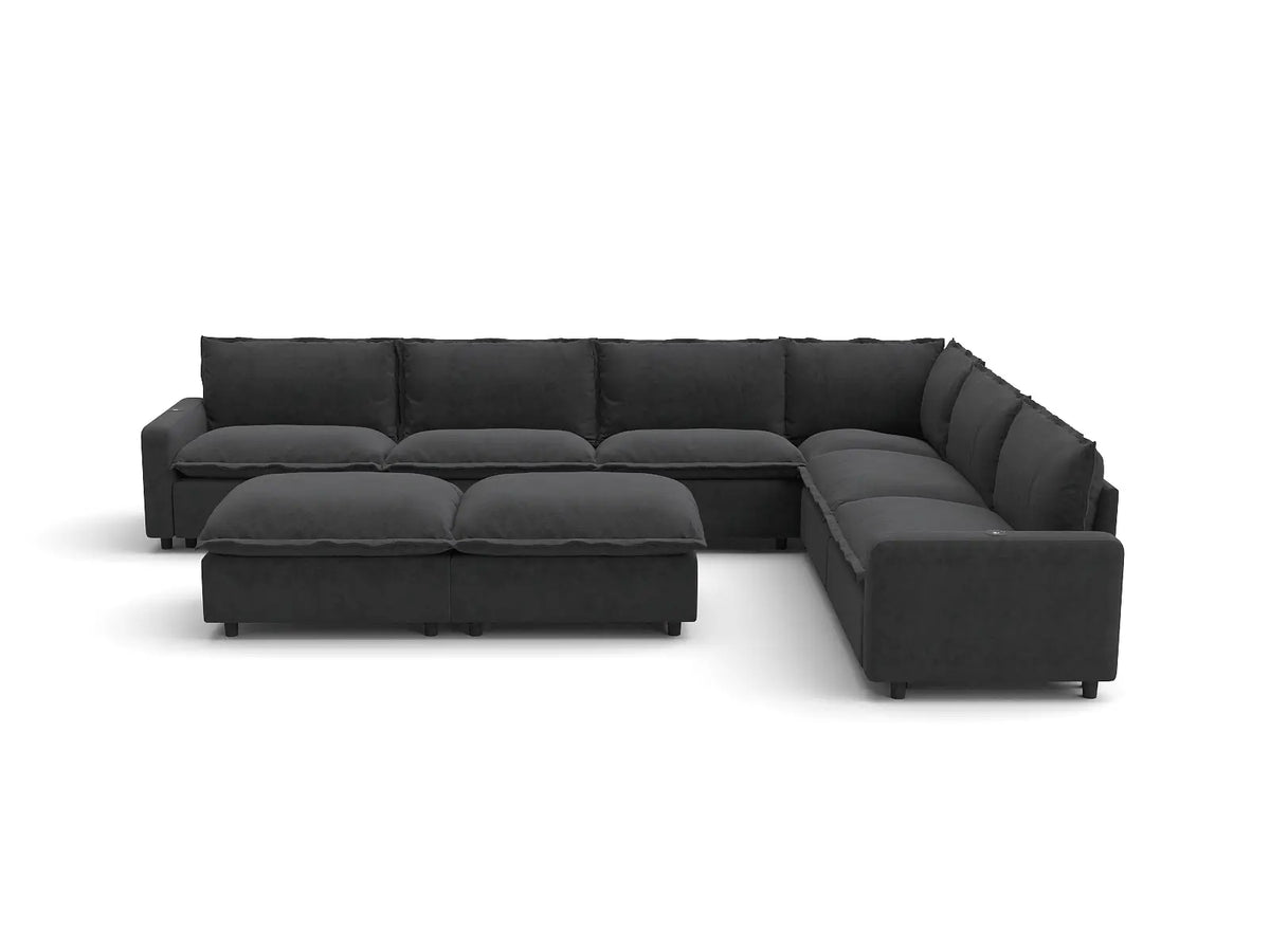 Modular Cero Reclining Sectionals | 8-Piece Grey Linen Open Space Sofa Sets 6-Seater with 2-Ottomans