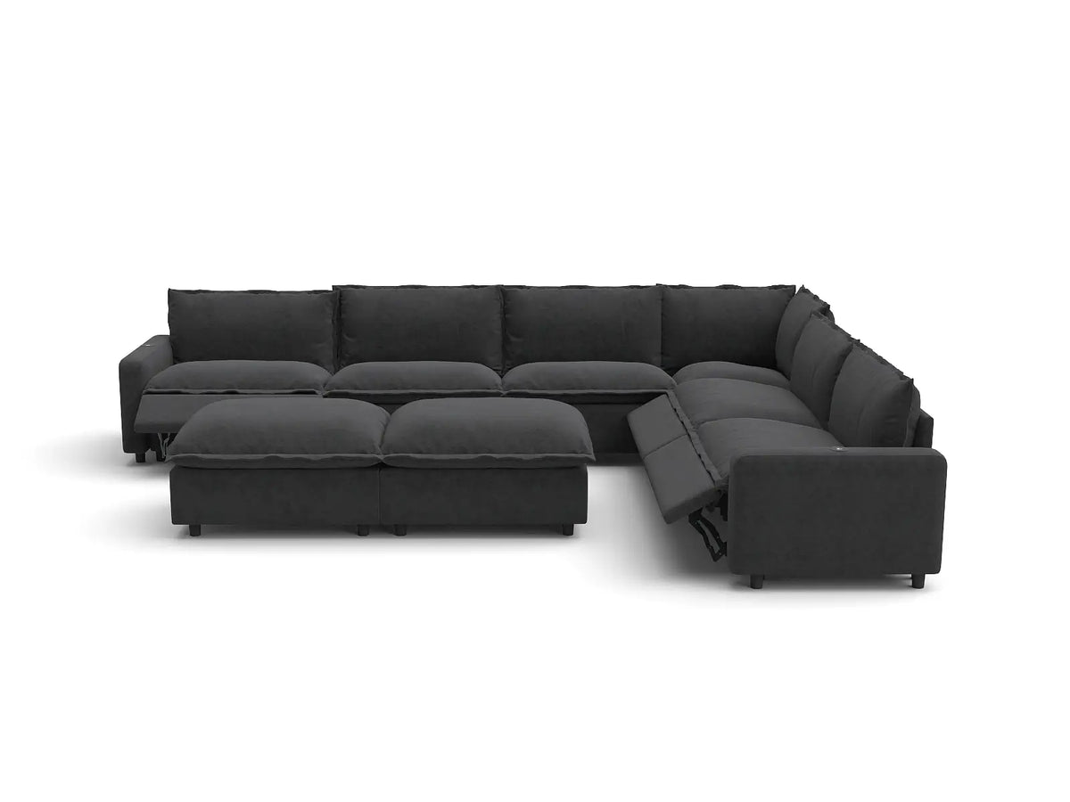 Modular Cero Reclining Sectionals | 8-Piece Grey Linen Open Space Sofa Sets 6-Seater with 2-Ottomans