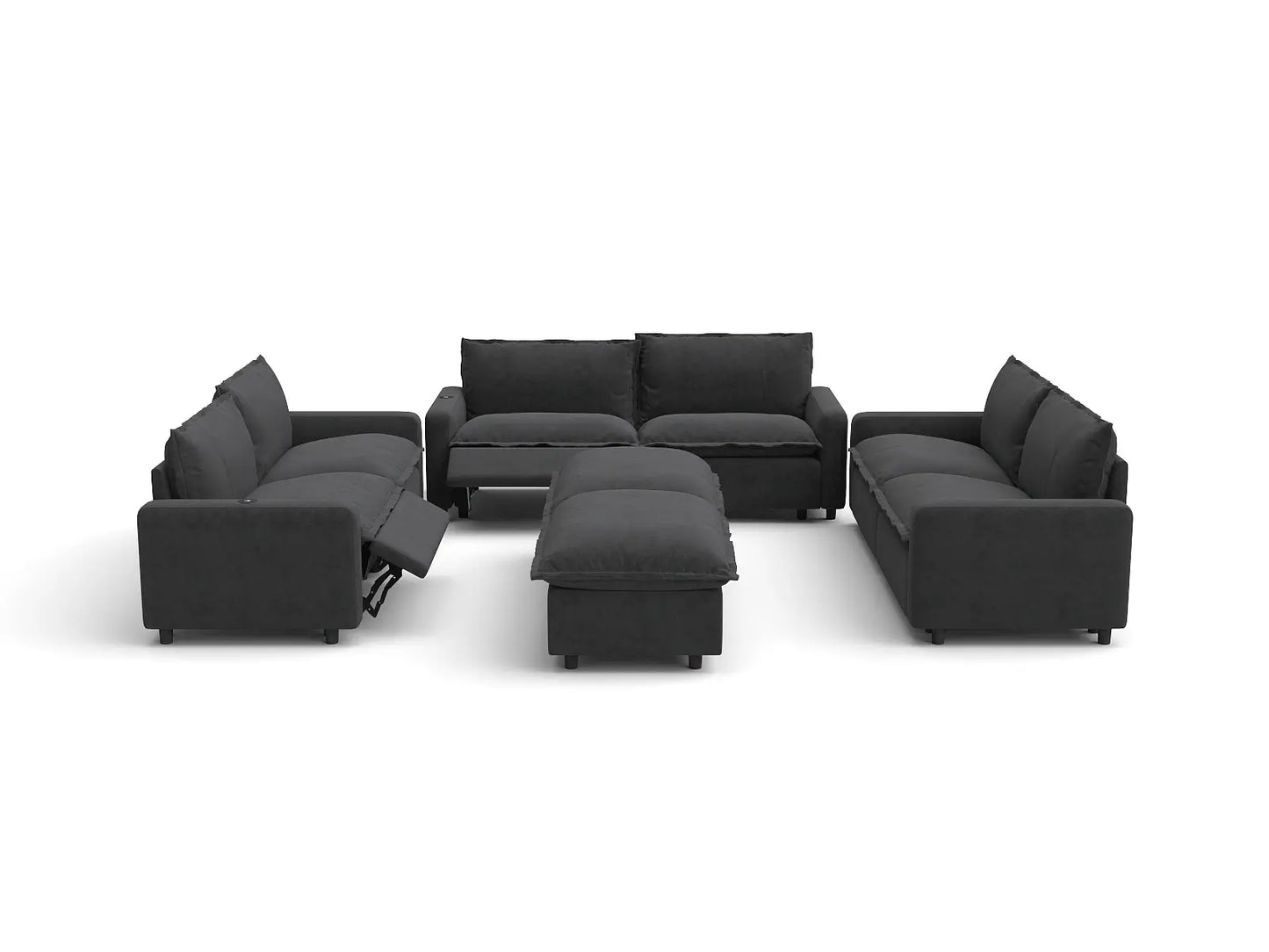 Modular Cero Reclining Sectionals | 8-Piece Grey Linen Open Space Sofa Sets 6-Seater with 2-Ottomans