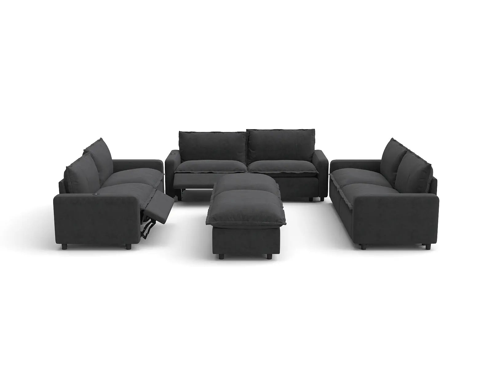 Modular Cero Reclining Sectionals | 8-Piece Grey Linen Open Space Sofa Sets 6-Seater with 2-Ottomans