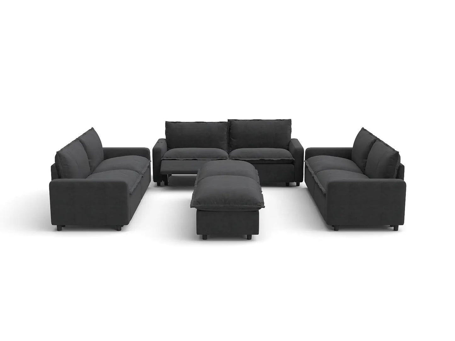 Modular Cero Reclining Sectionals | 8-Piece Grey Linen Open Space Sofa Sets 6-Seater with 2-Ottomans